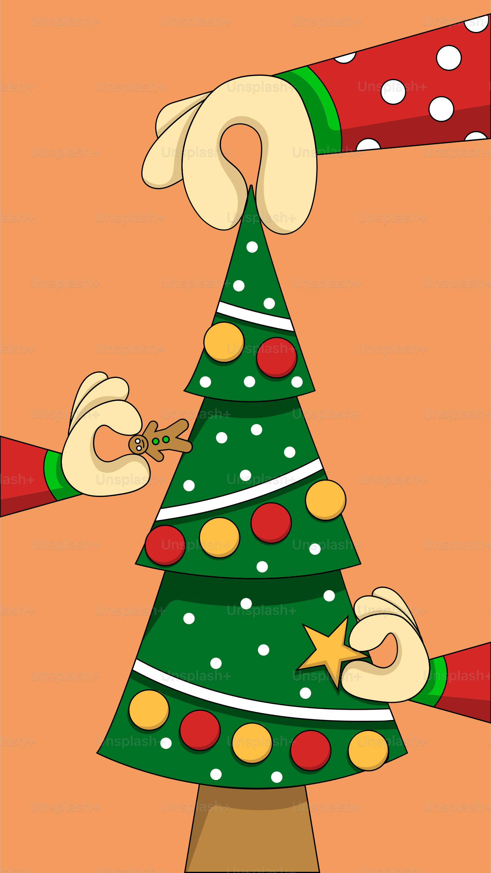 Ein Cartoon-Weihnachtsbaum mit Händen, die ihn halten