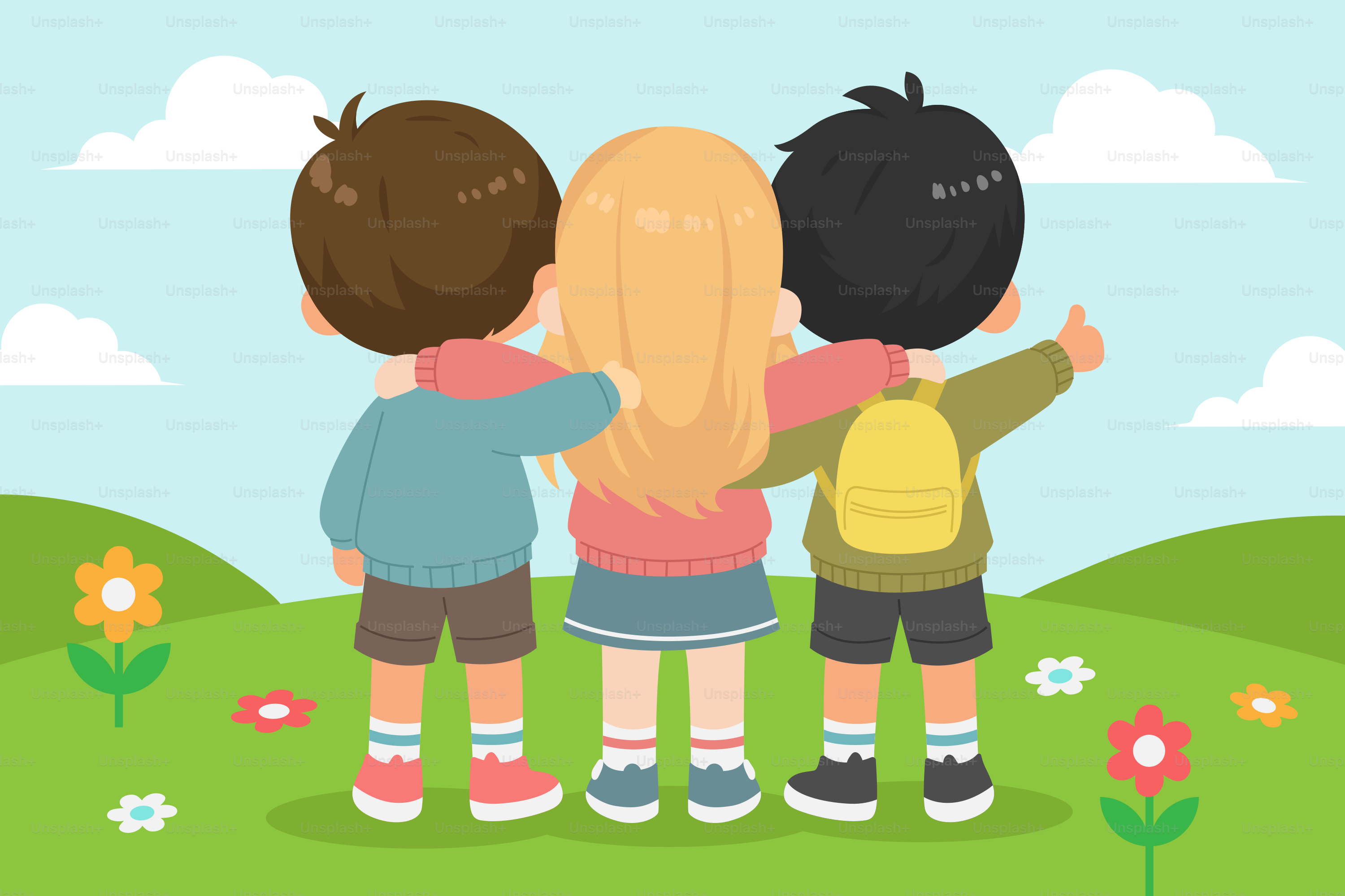 Un groupe d’enfants debout au sommet d’un champ verdoyant