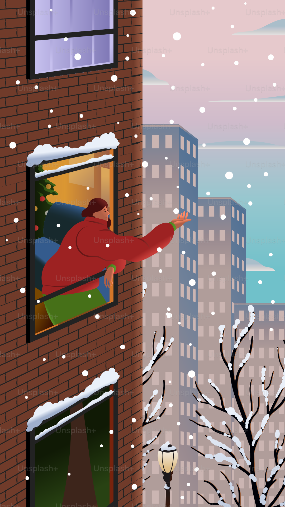 A man is looking out of a window in the snow