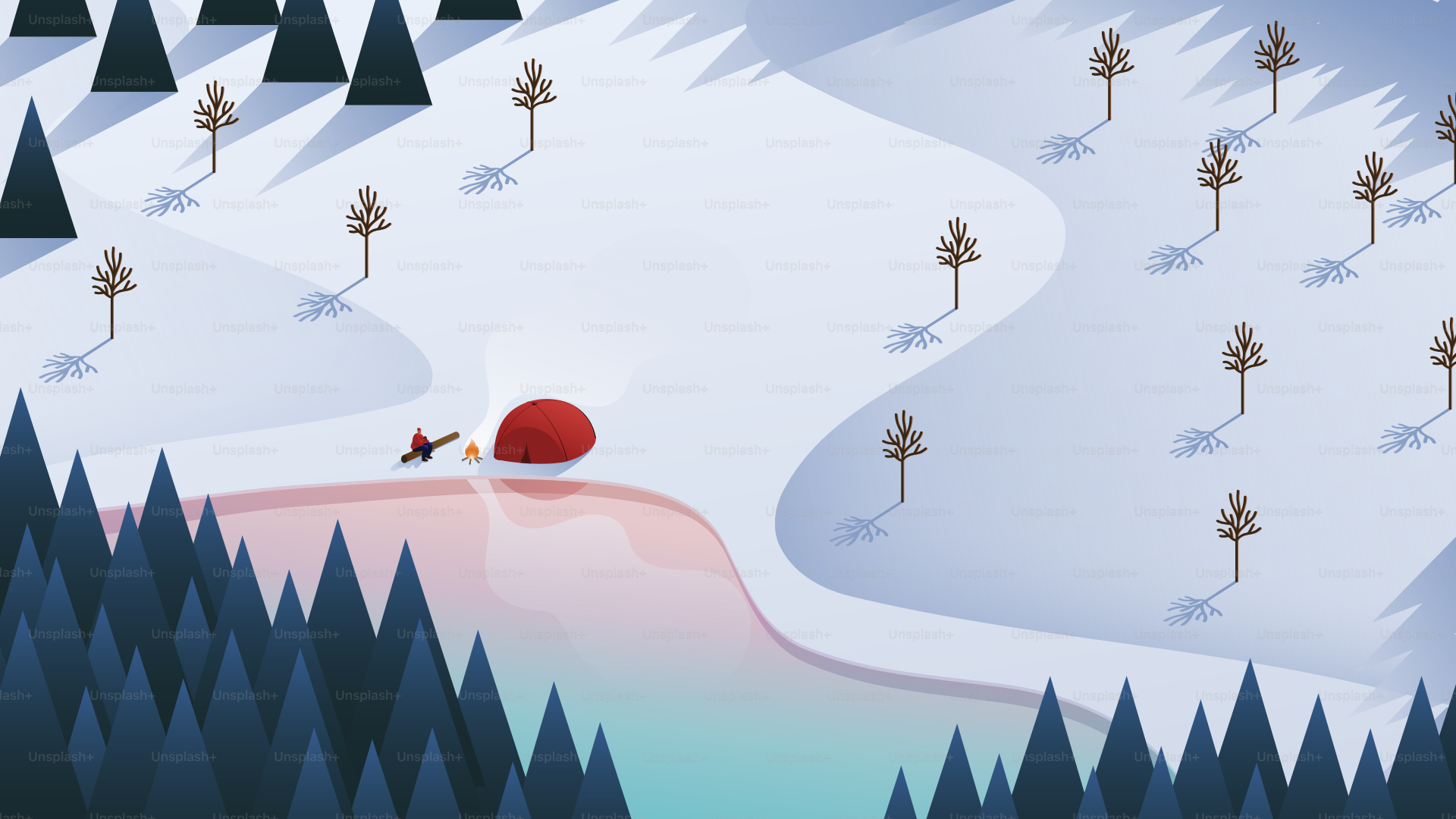 A snowy landscape with trees and a red umbrella