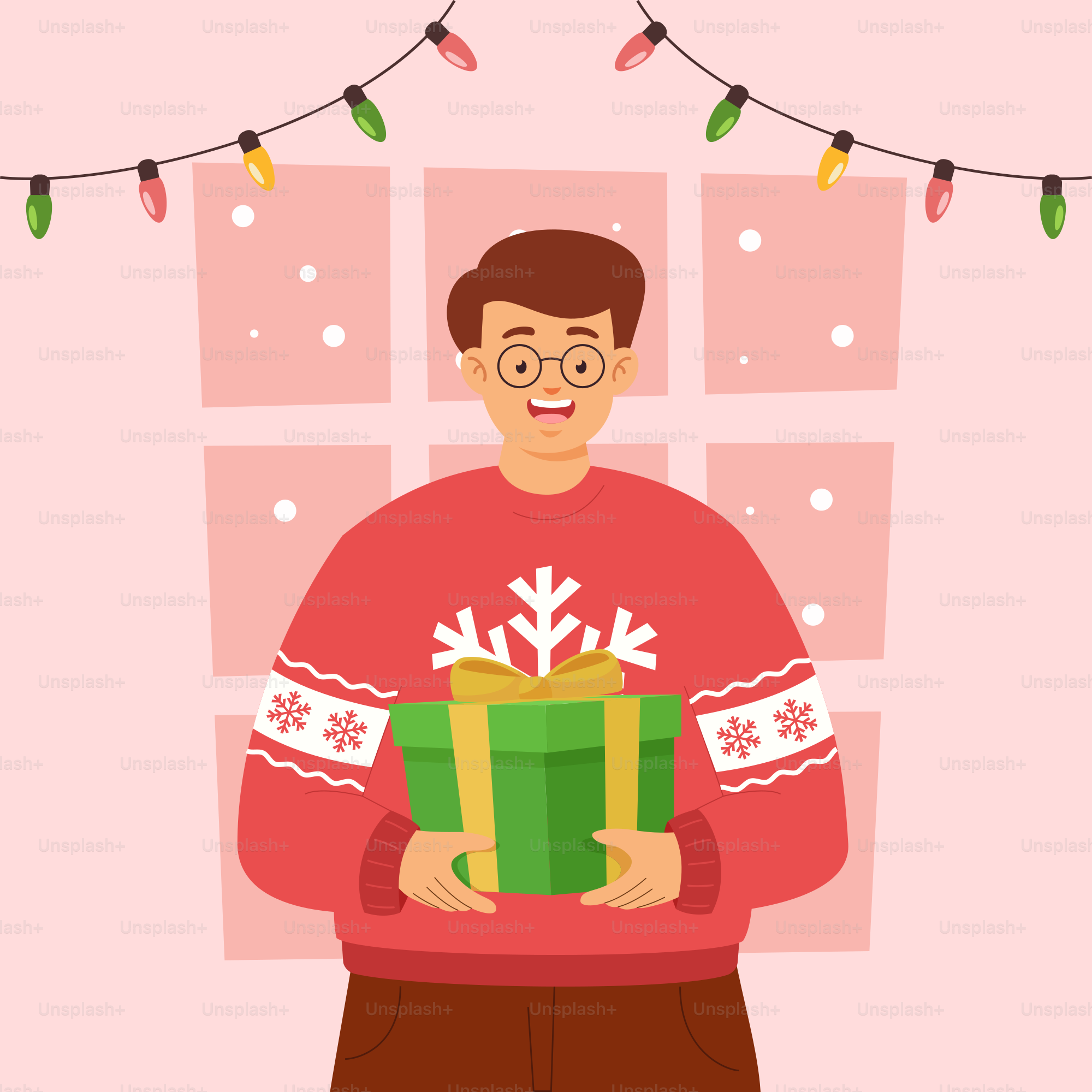 Ein Mann, der ein Weihnachtsgeschenk vor einem Fenster hält