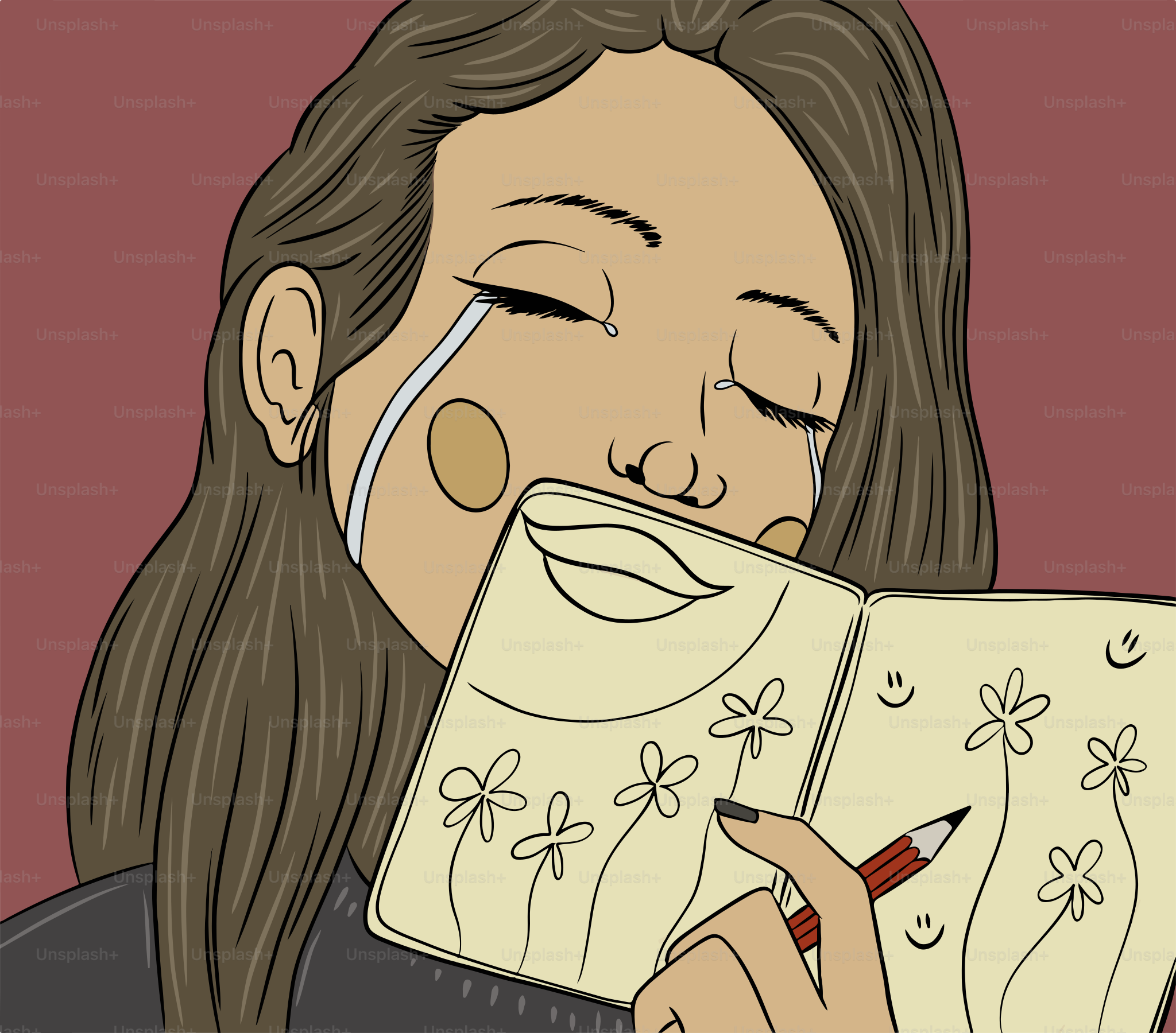 A drawing of a woman holding a notebook and a pencil