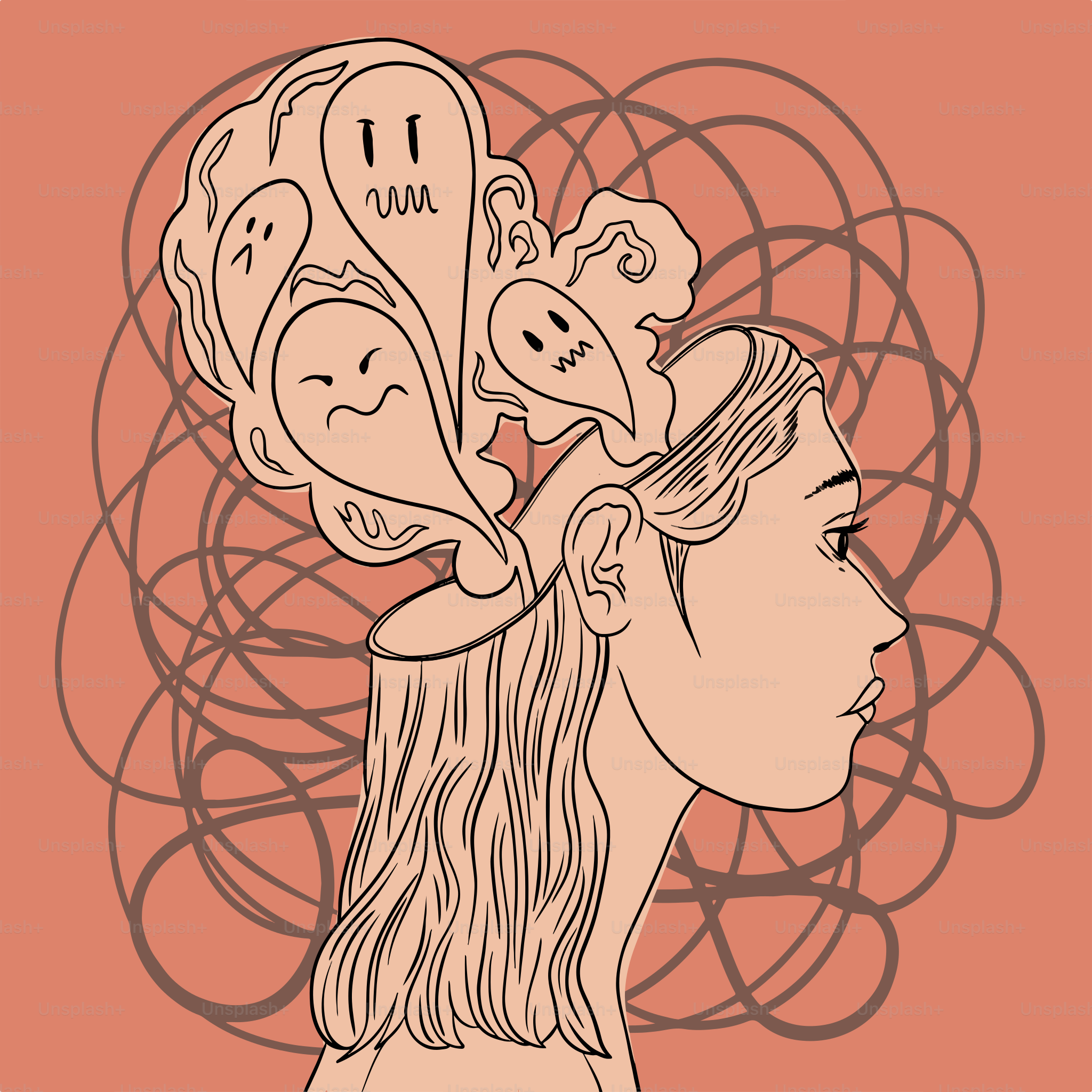 Un disegno di una donna con dei fiori tra i capelli