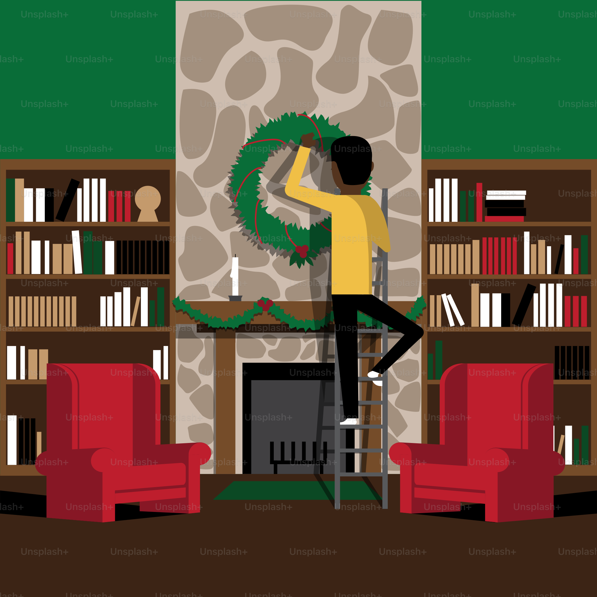 A man standing on a stool in front of a fireplace