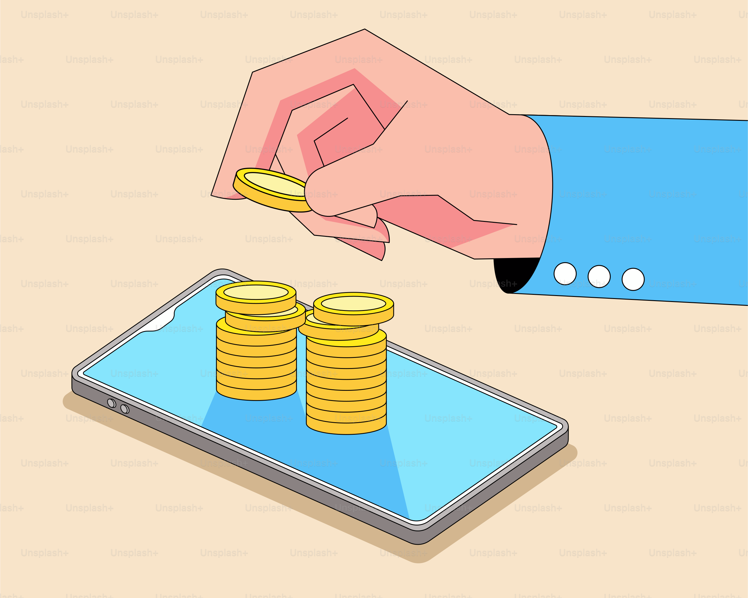 A person putting a coin into a smart phone