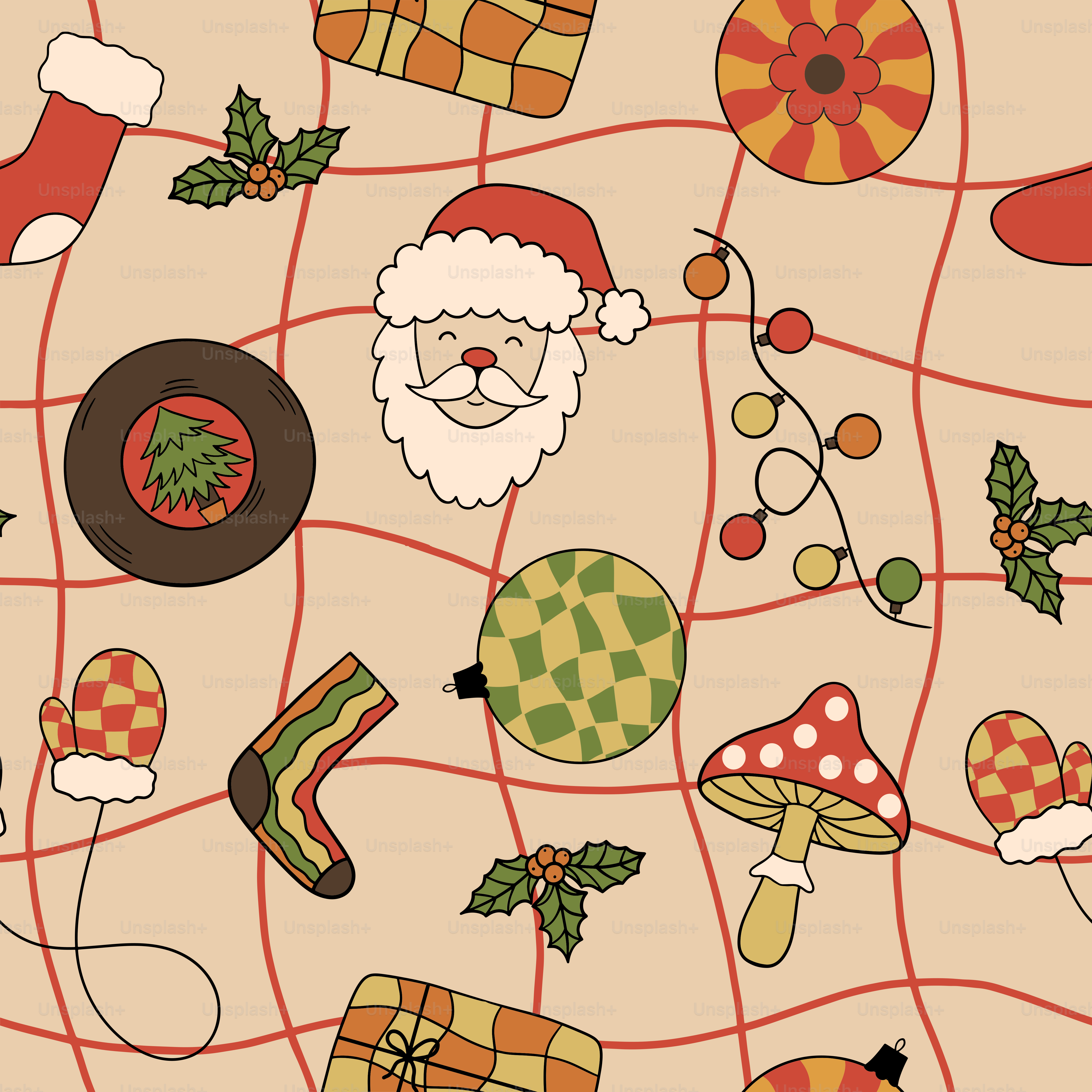 A christmas themed wallpaper with a santa clause