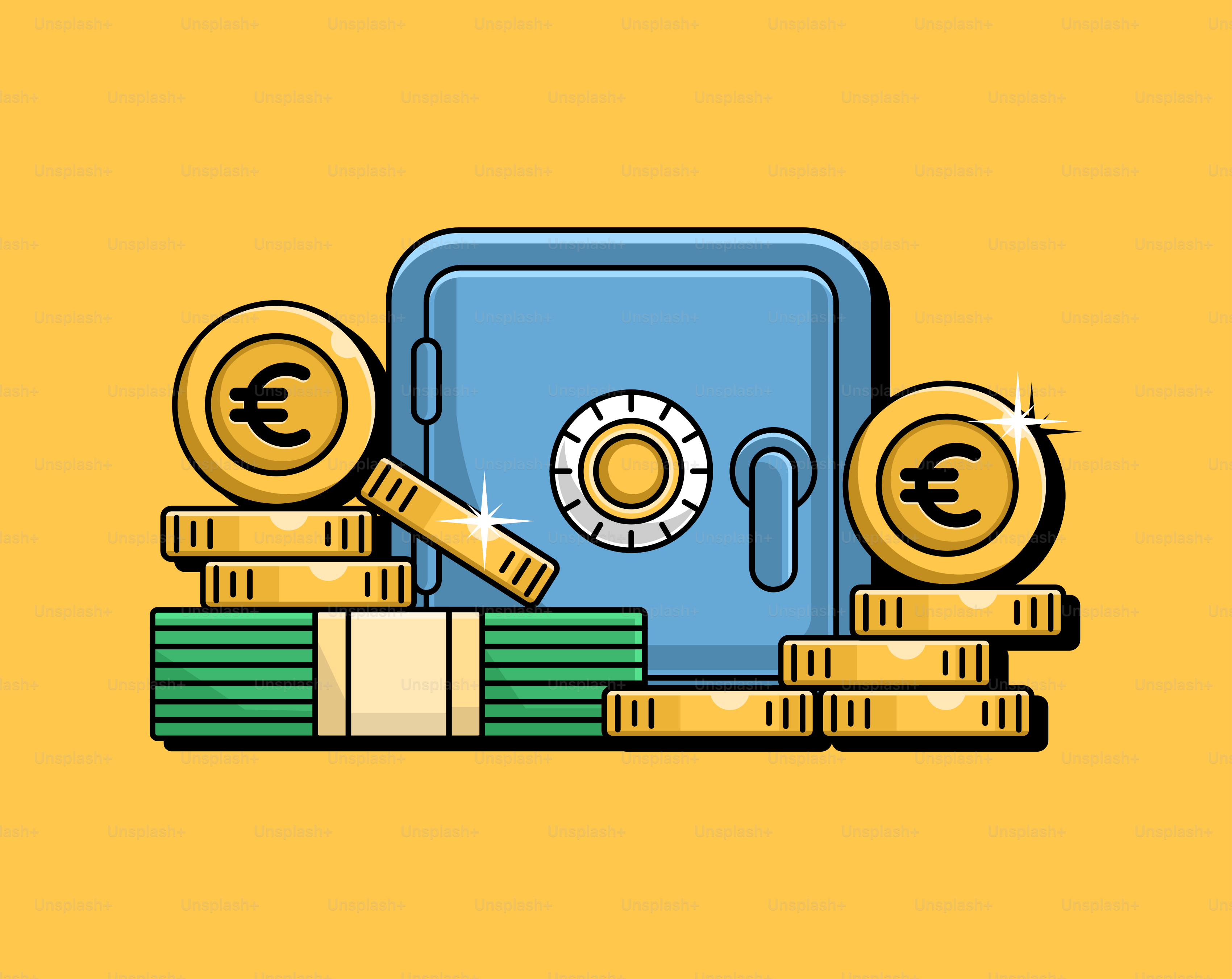 A blue safe sitting on top of stacks of money