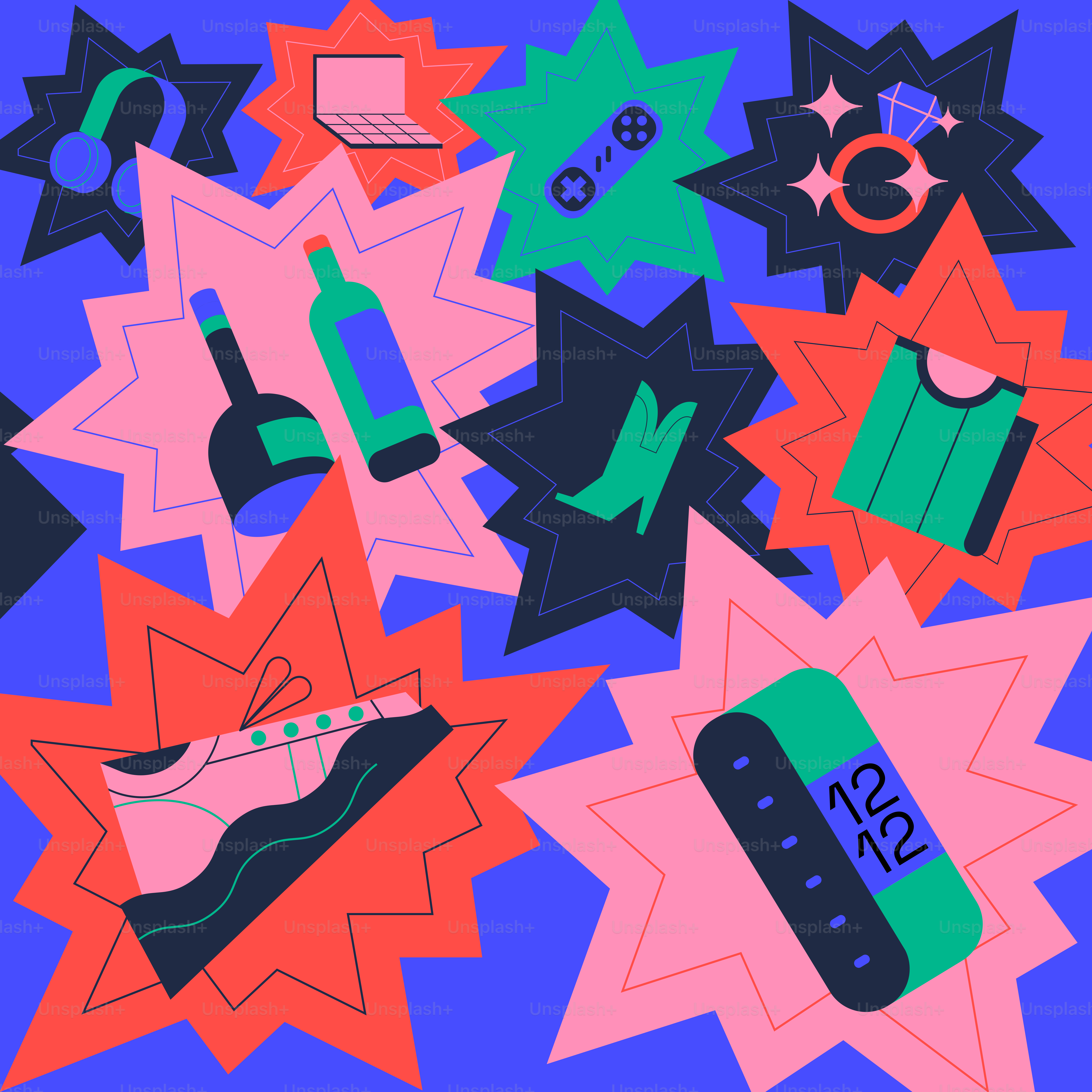 A bunch of different items that are on a blue background