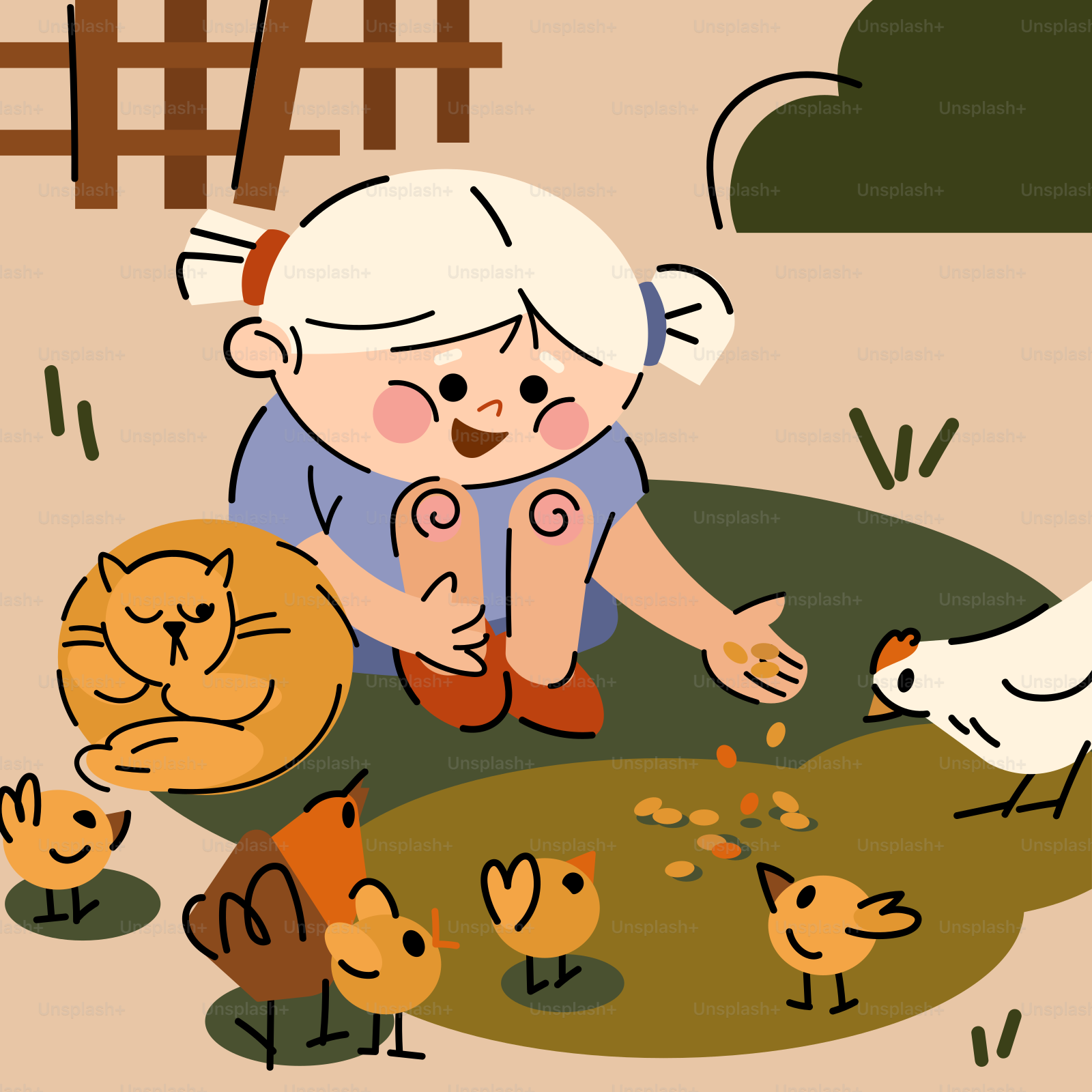 A little girl sitting on the ground surrounded by chickens