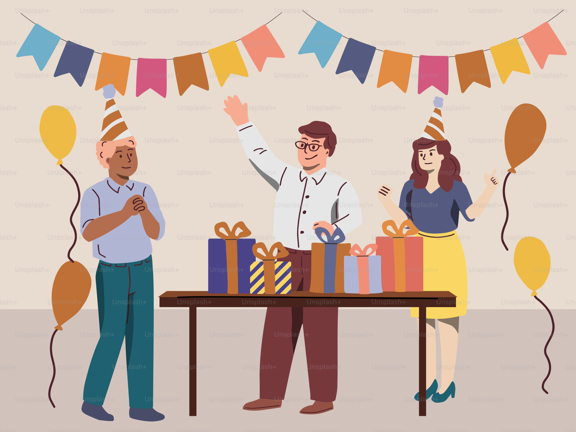 A group of people standing around a table with gifts