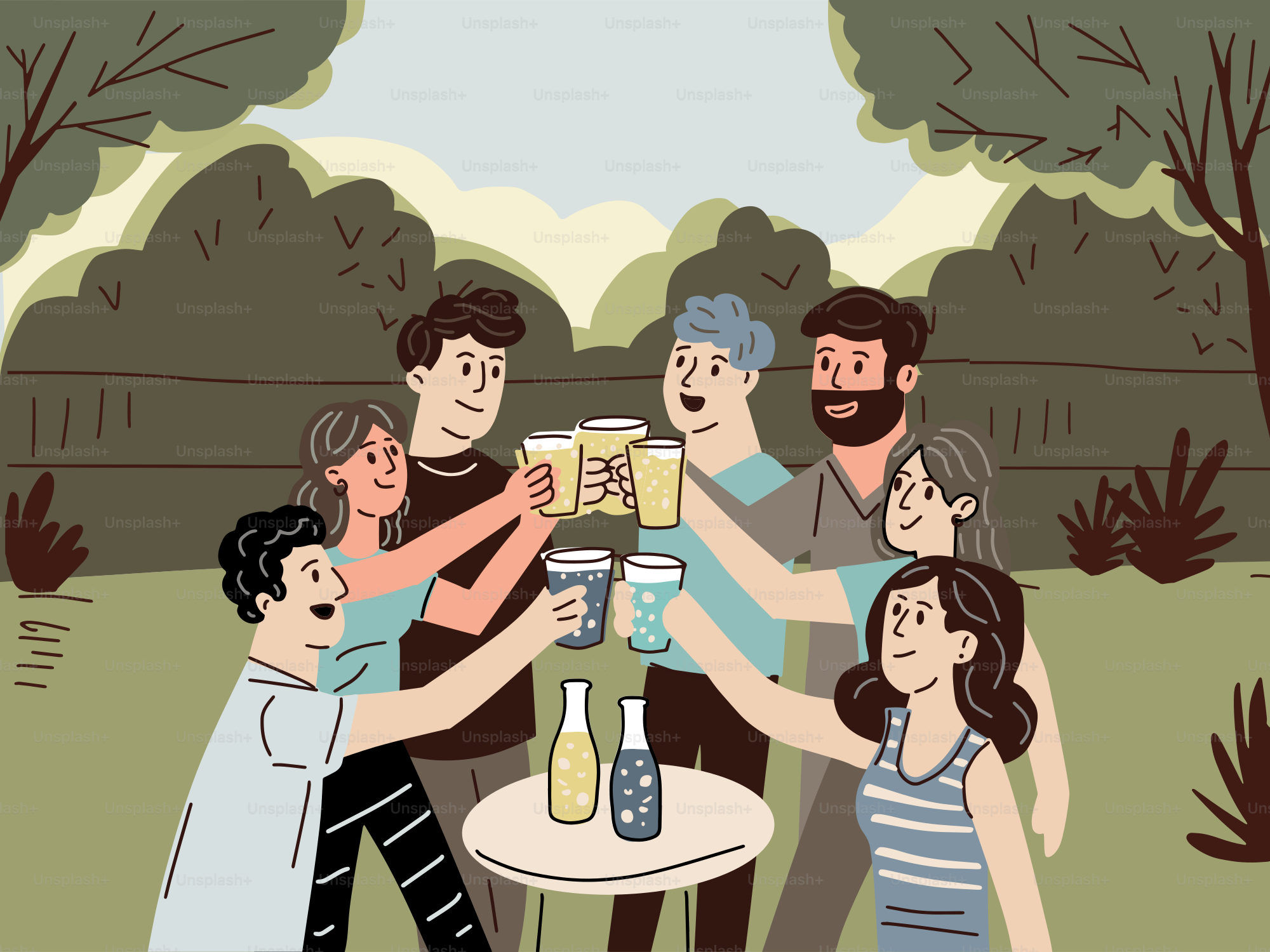 Un groupe de personnes debout autour d’une table avec des boissons