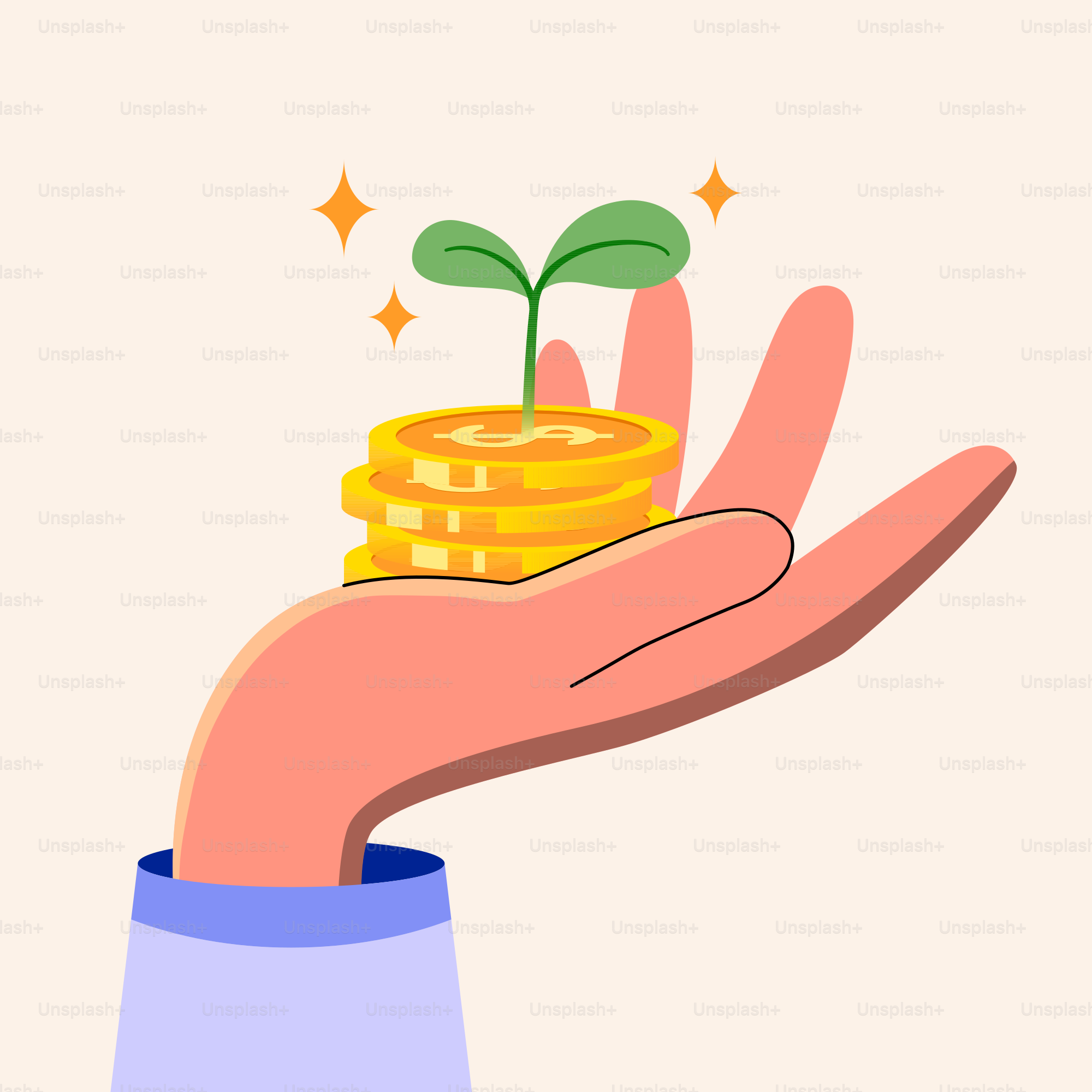 A hand holding a stack of coins with a plant growing out of it
