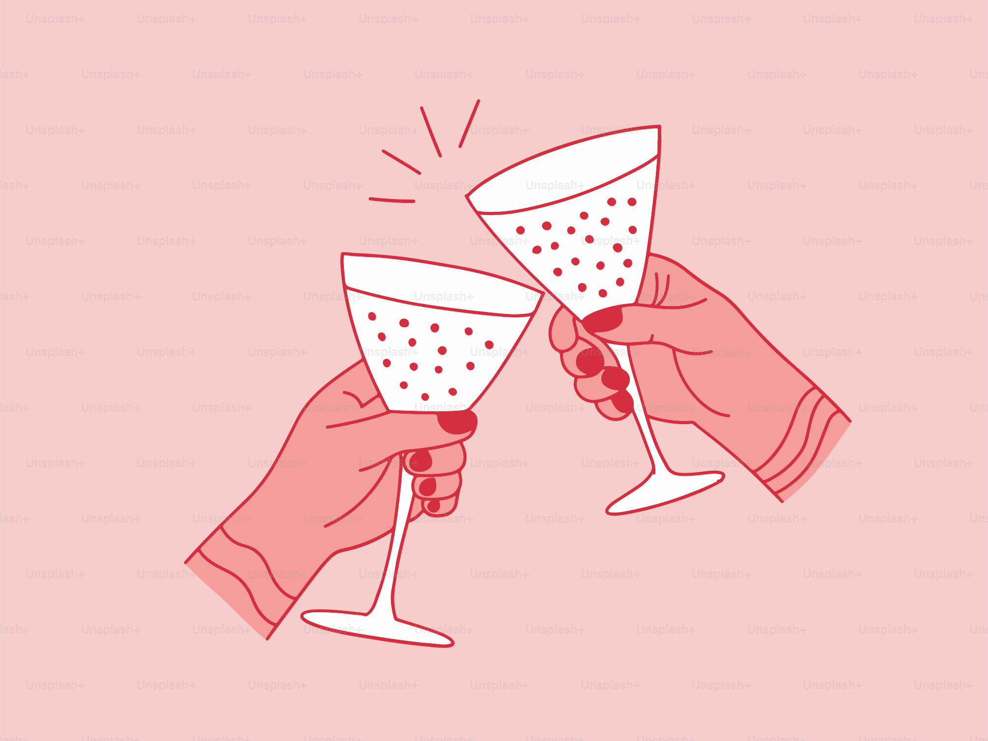 Two people toasting with wine glasses in front of a pink background