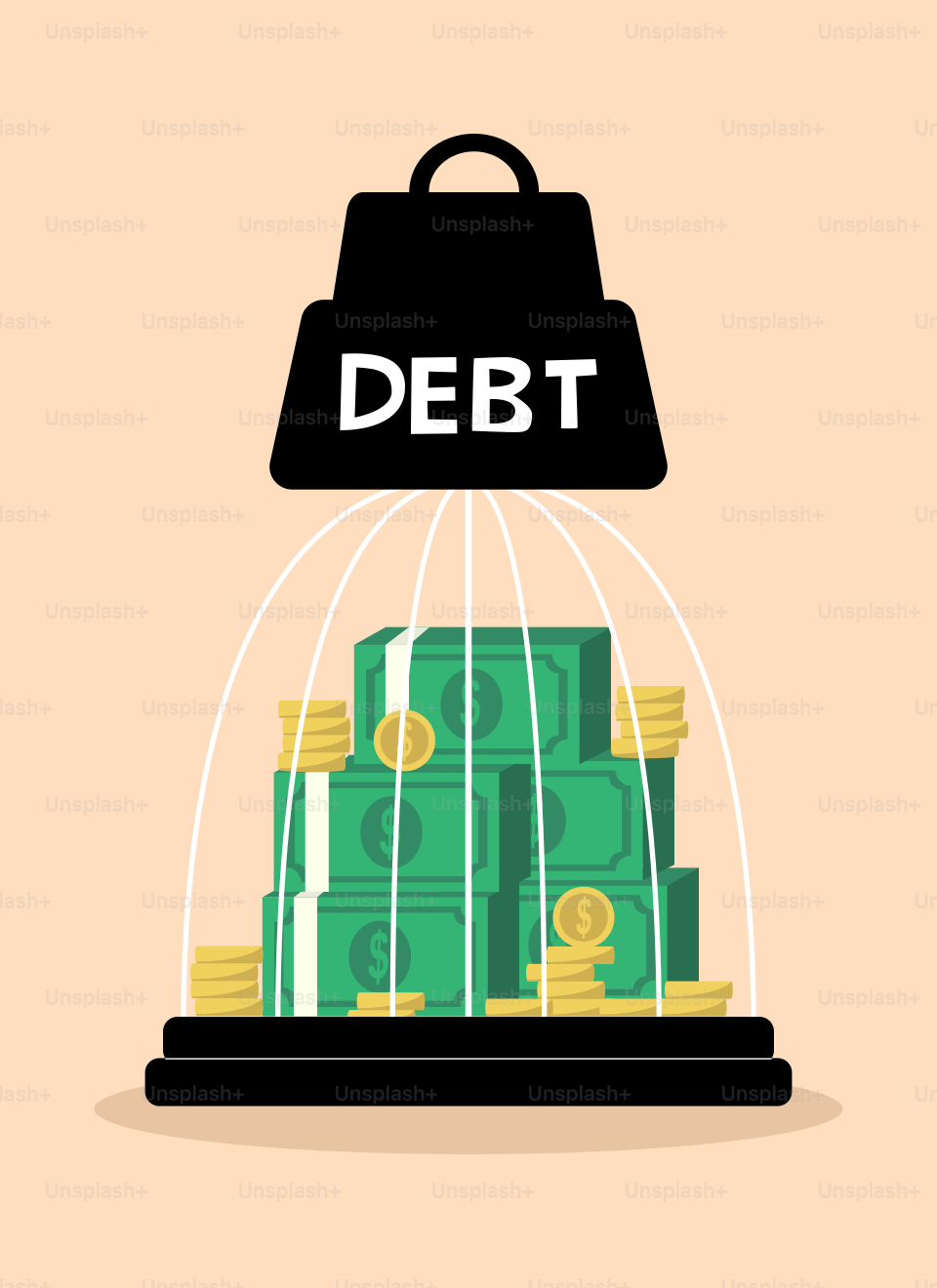 Ein Geldstapel in einem Käfig mit den Worten Schulden darauf.