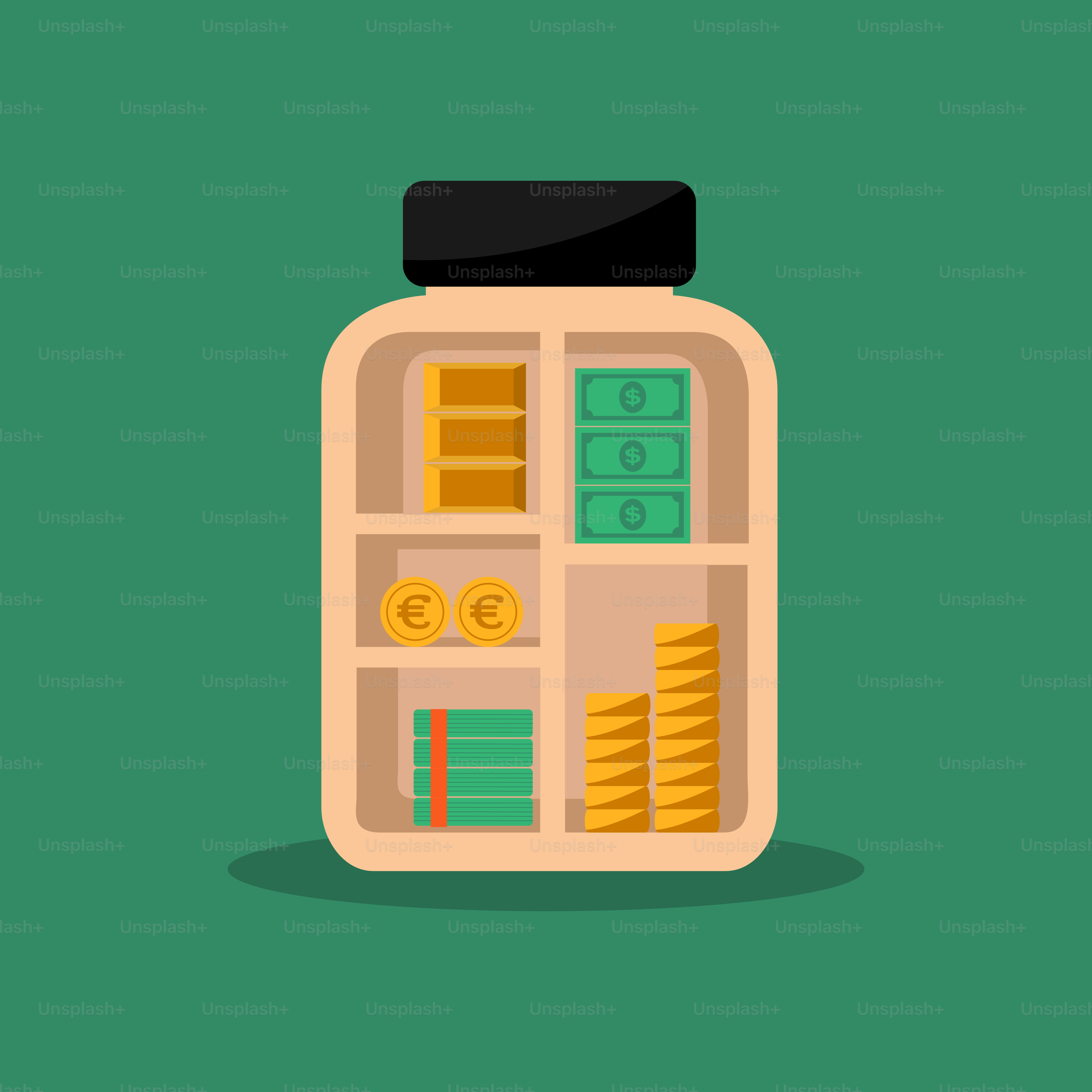 A bottle filled with money sitting on top of a green background