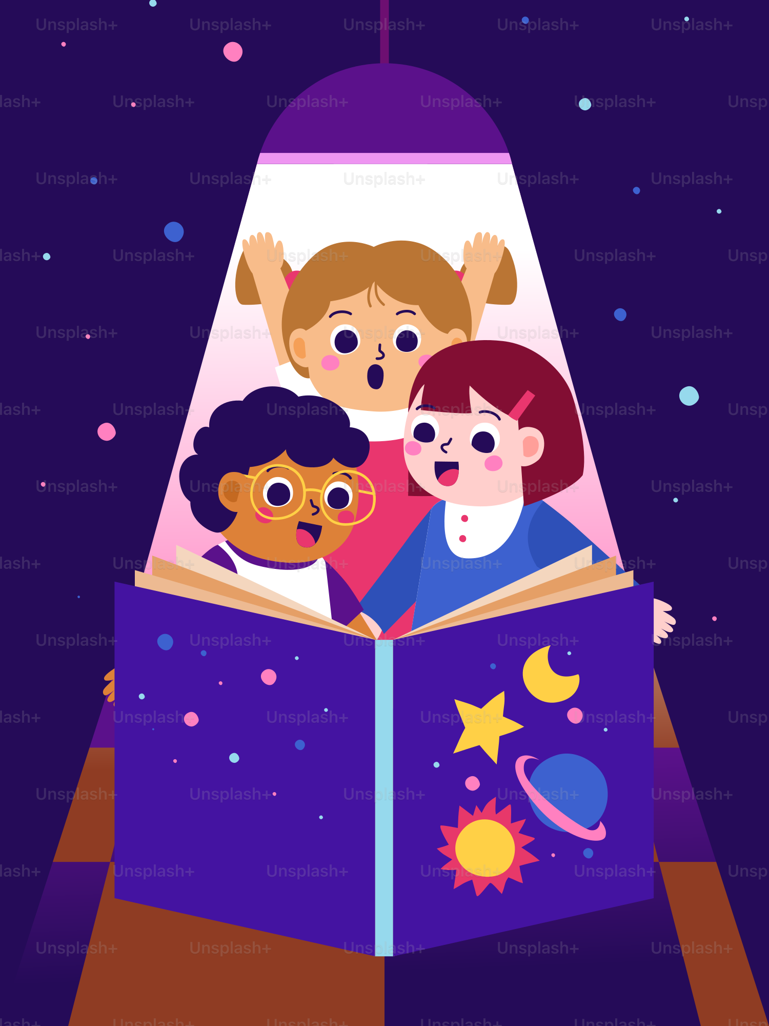 A group of children are reading a book