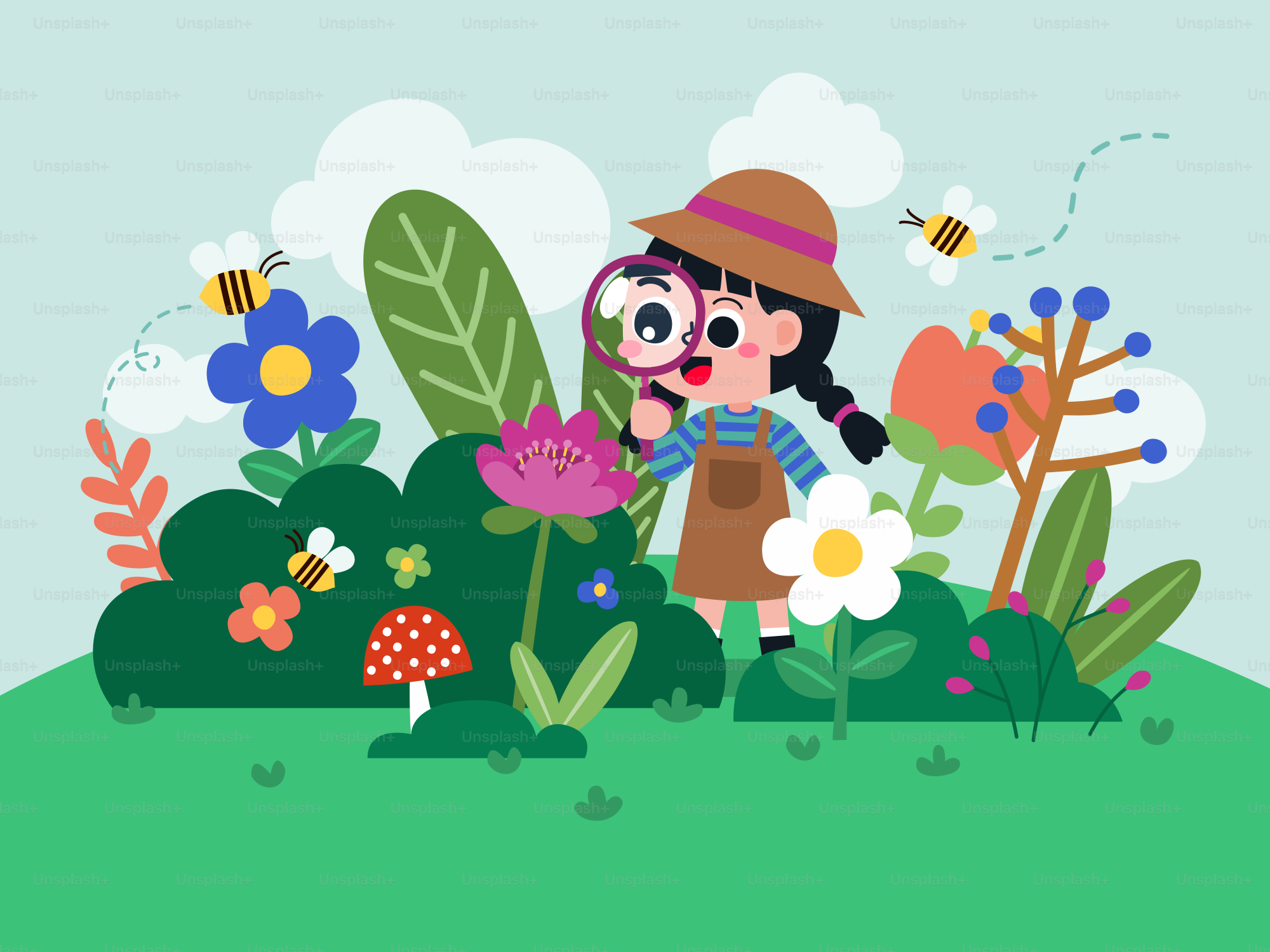 A girl in a field with flowers and a bee