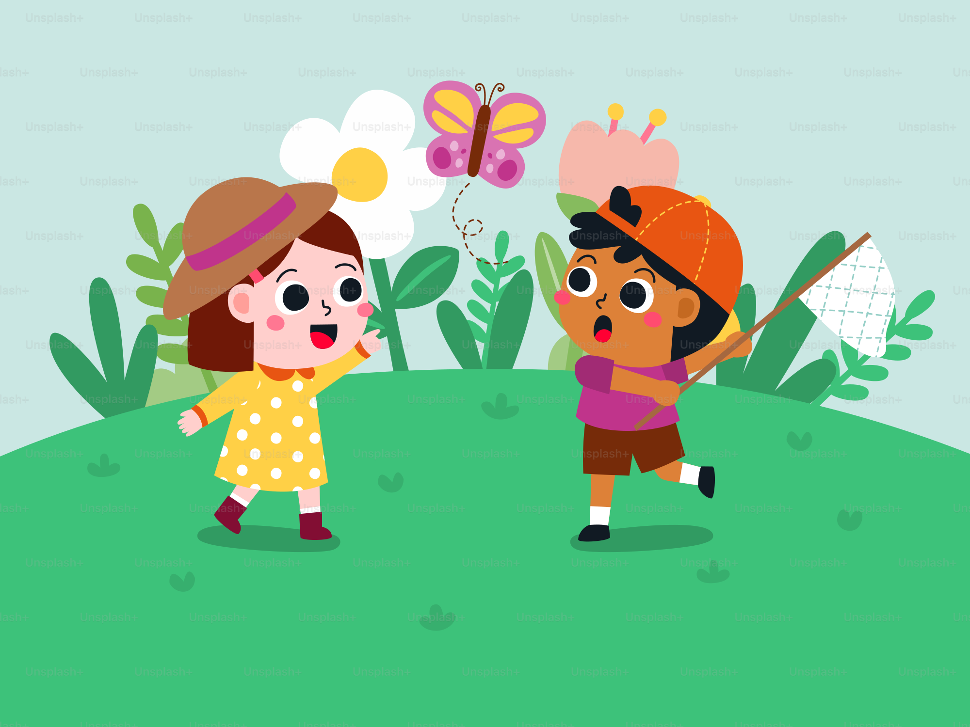 A couple of kids standing on top of a lush green field