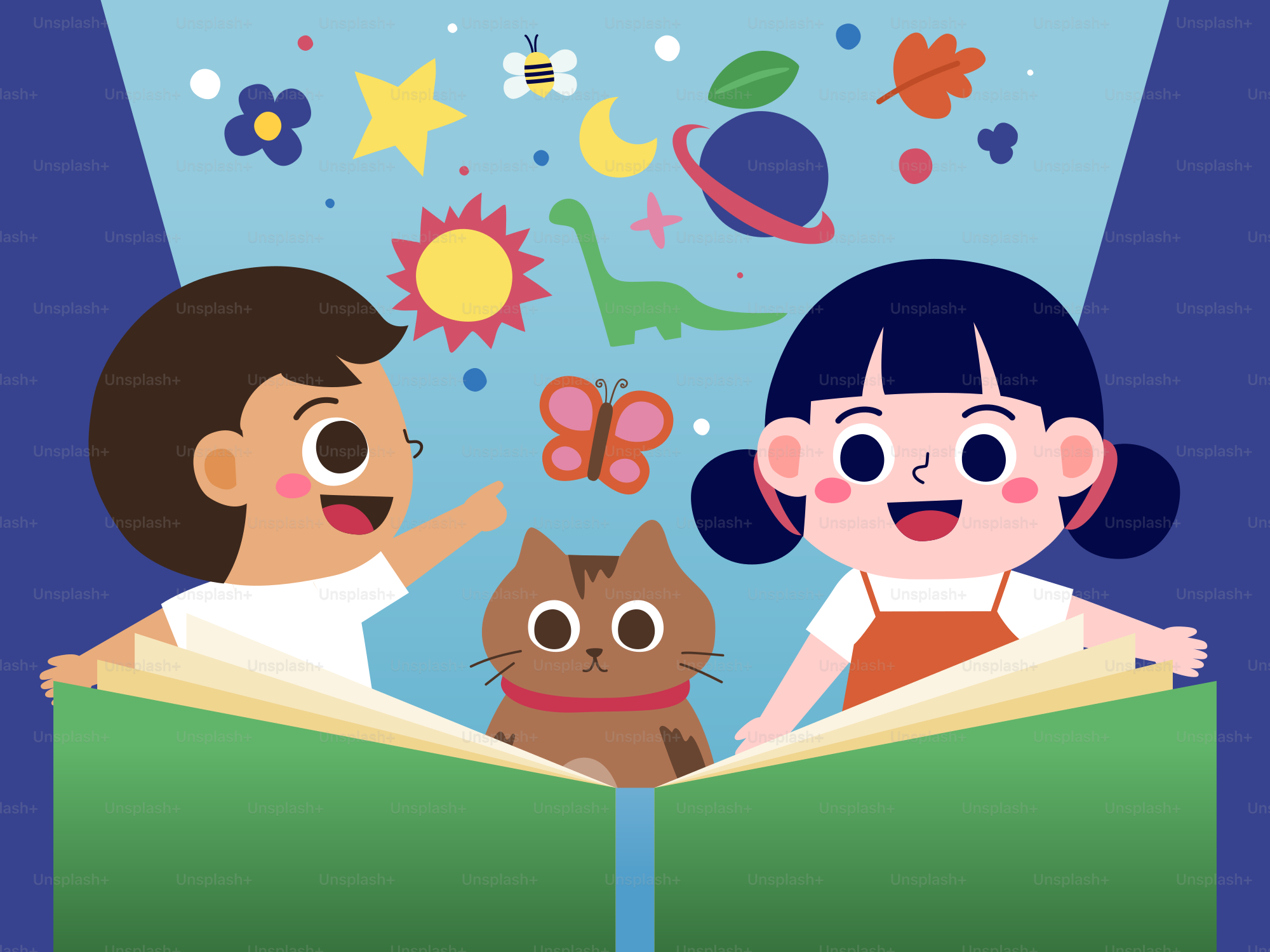 A boy and a girl are reading a book