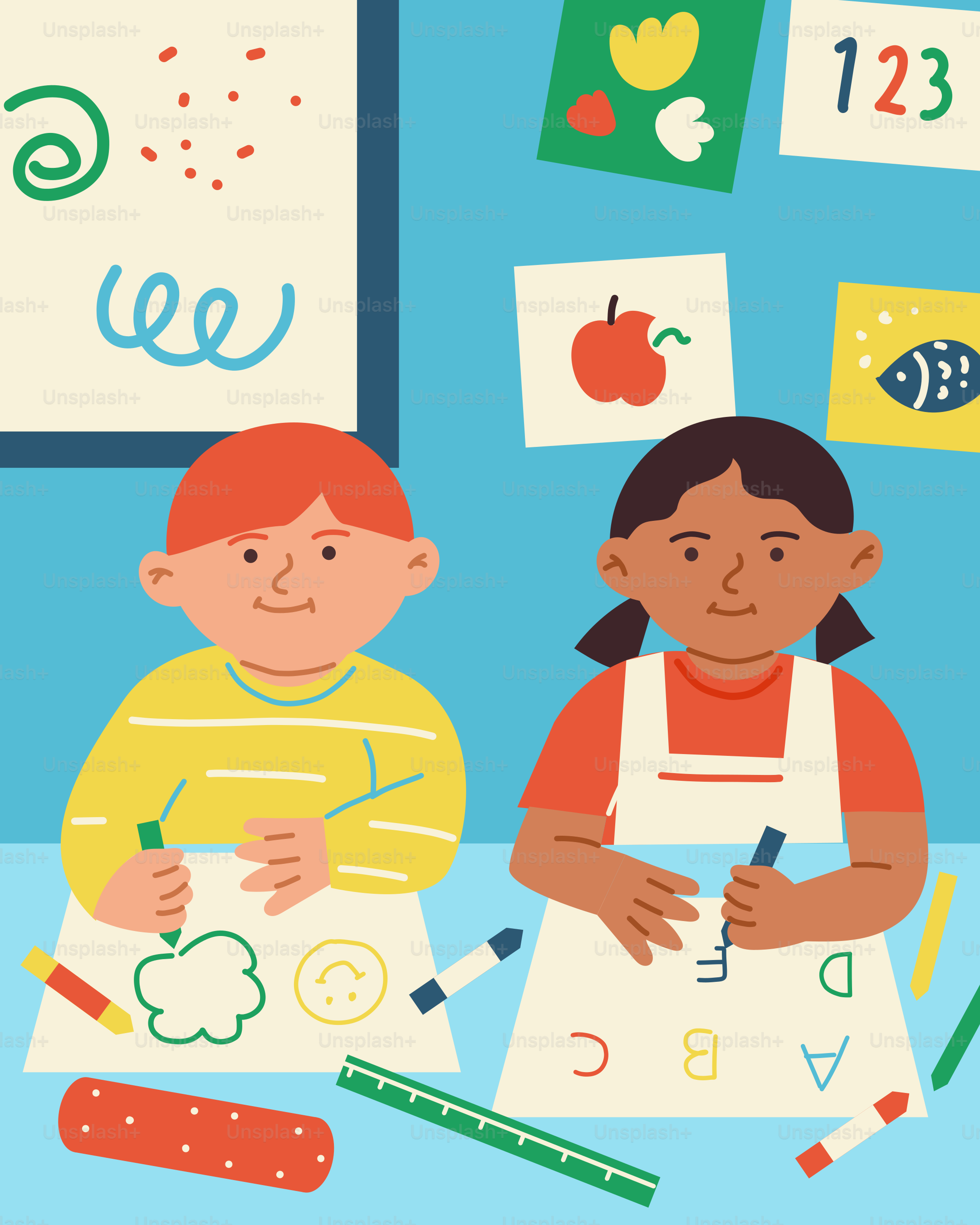 테이블에 앉아 있는 아이들 두 명