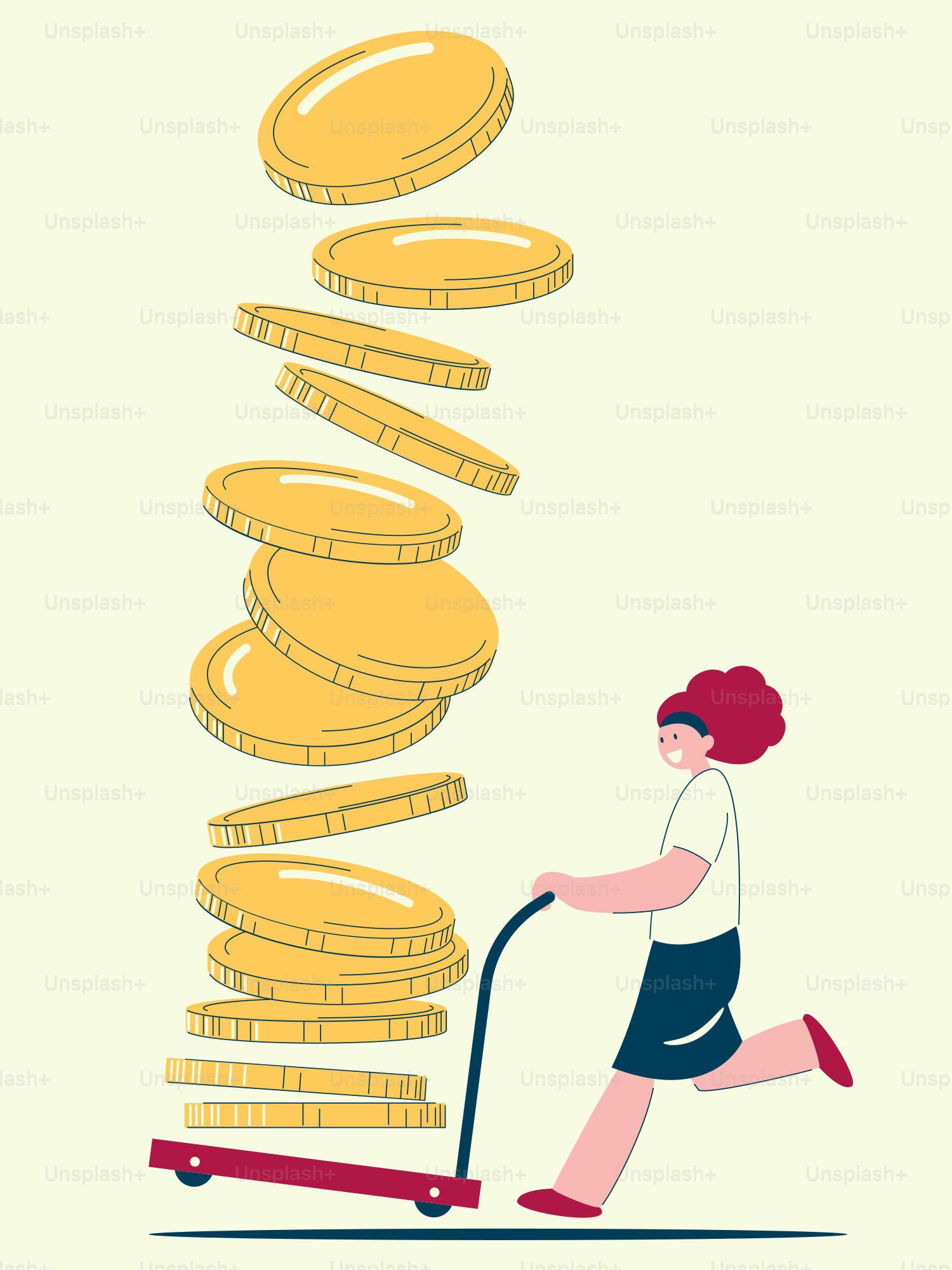 A woman pushing a cart with stacks of gold coins