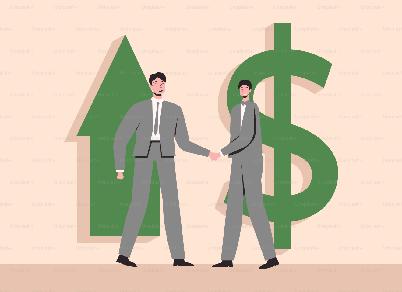 Two men shaking hands in front of a dollar sign