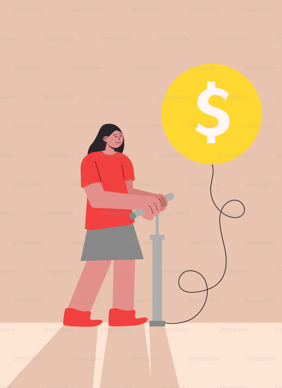 A woman holding a balloon with a dollar sign on it