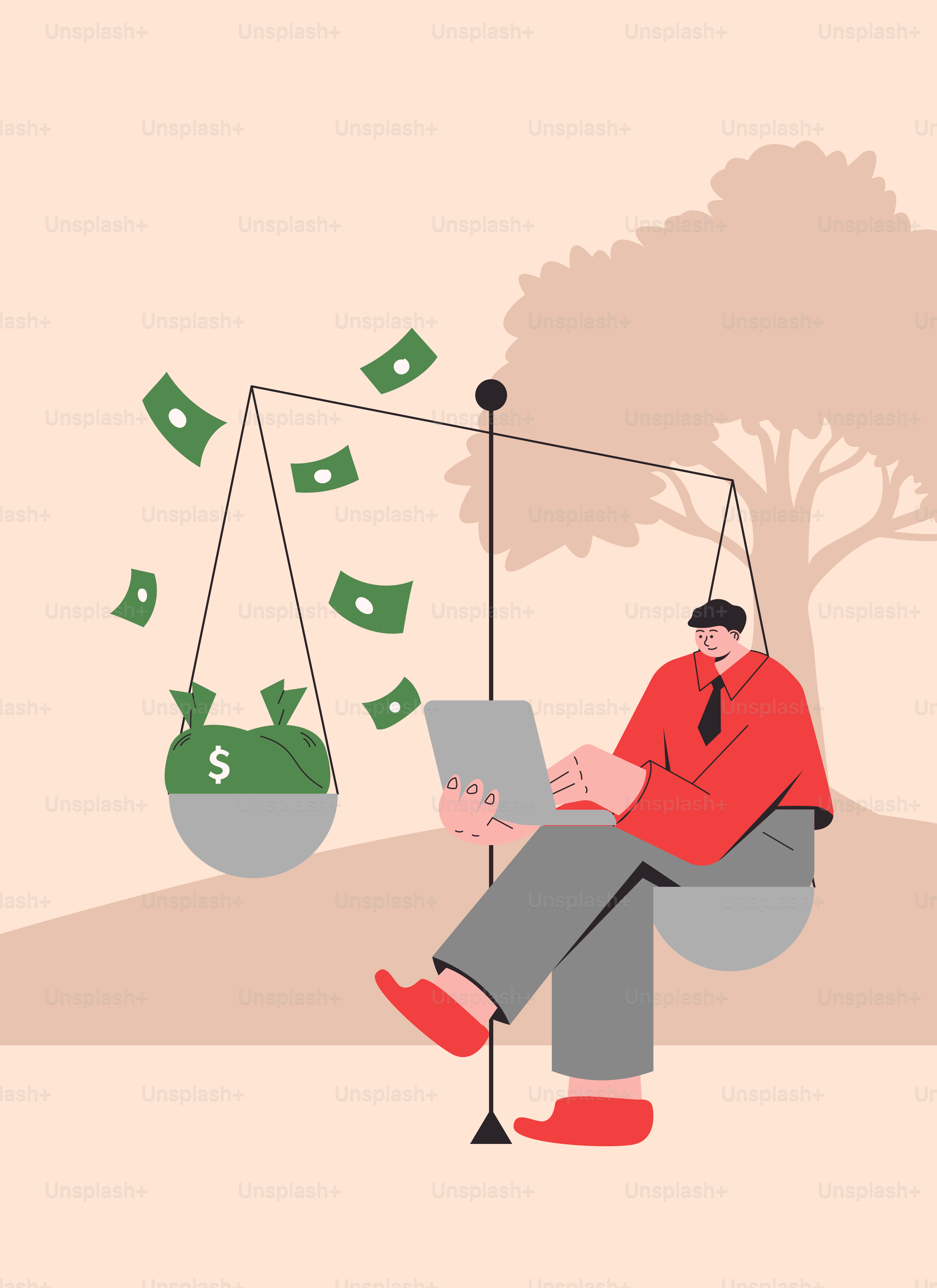 A man sitting on a swing with money falling from the sky