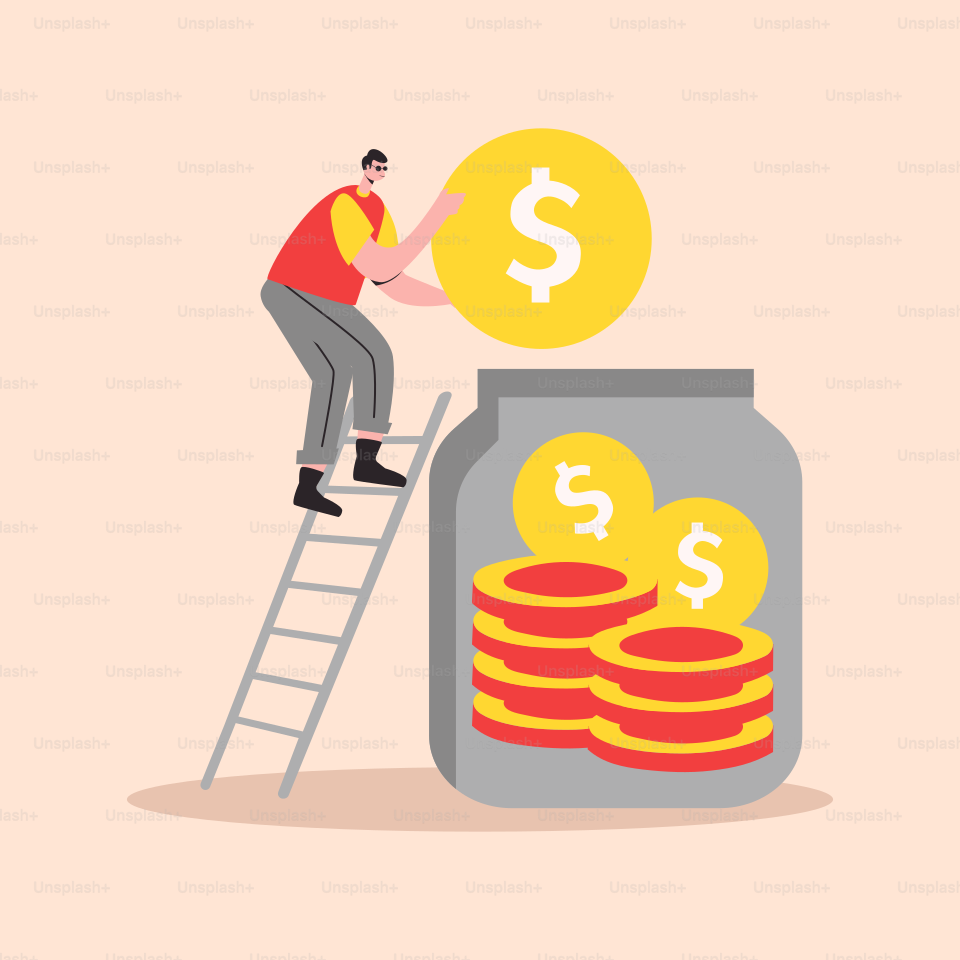 A man is climbing a ladder to get money out of a jar