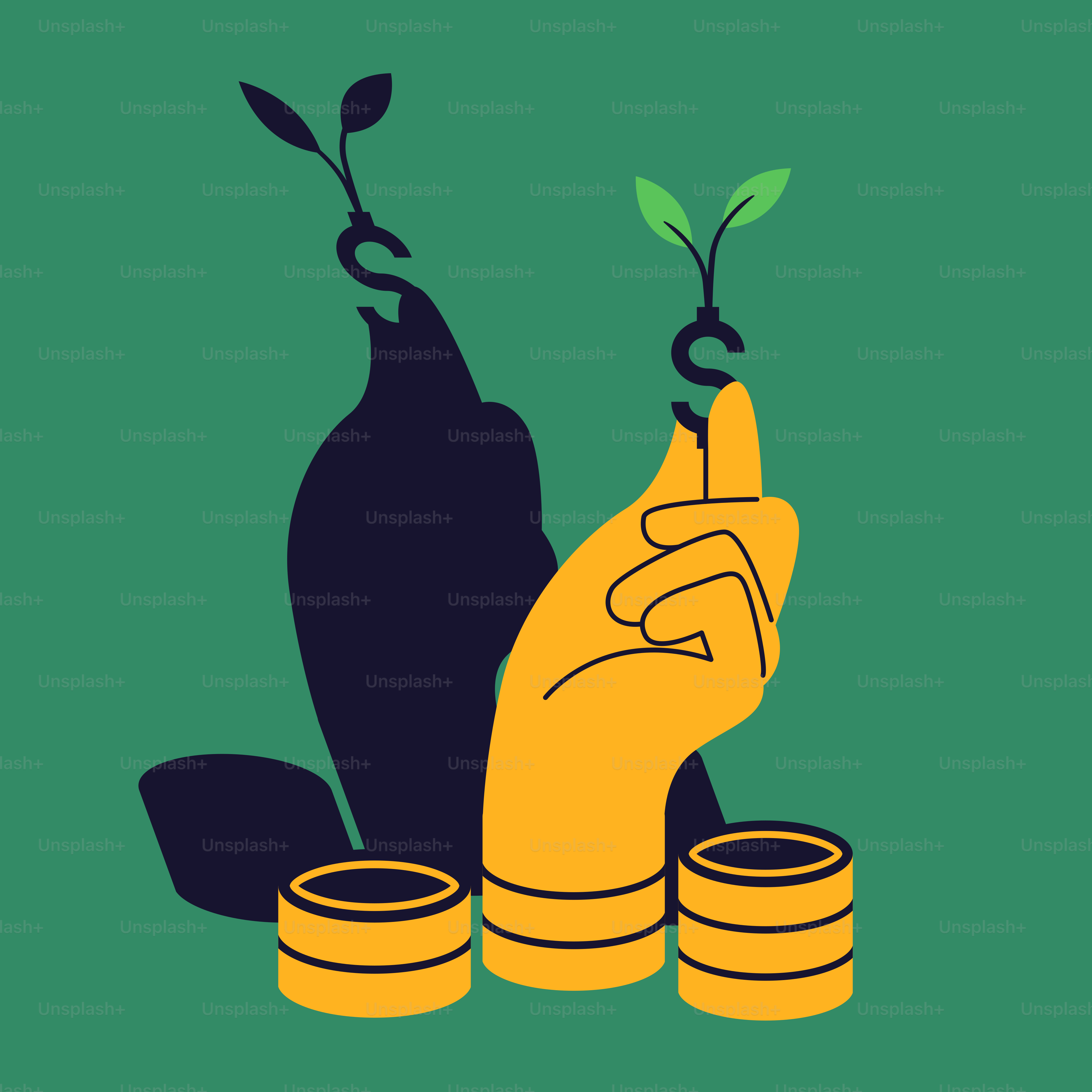 A hand holding a green plant over stacks of coins
