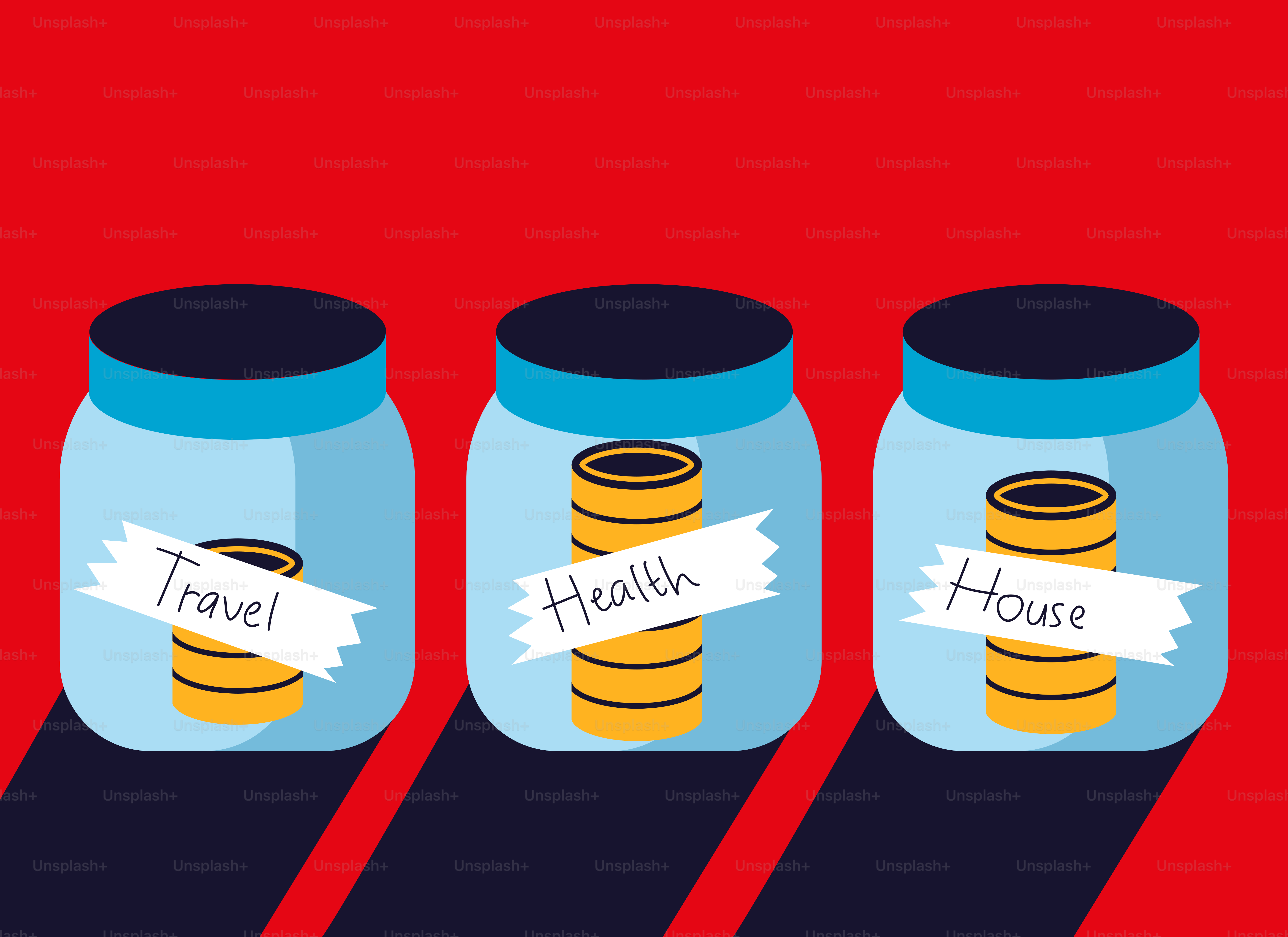 Three jars with coins in them with words on them