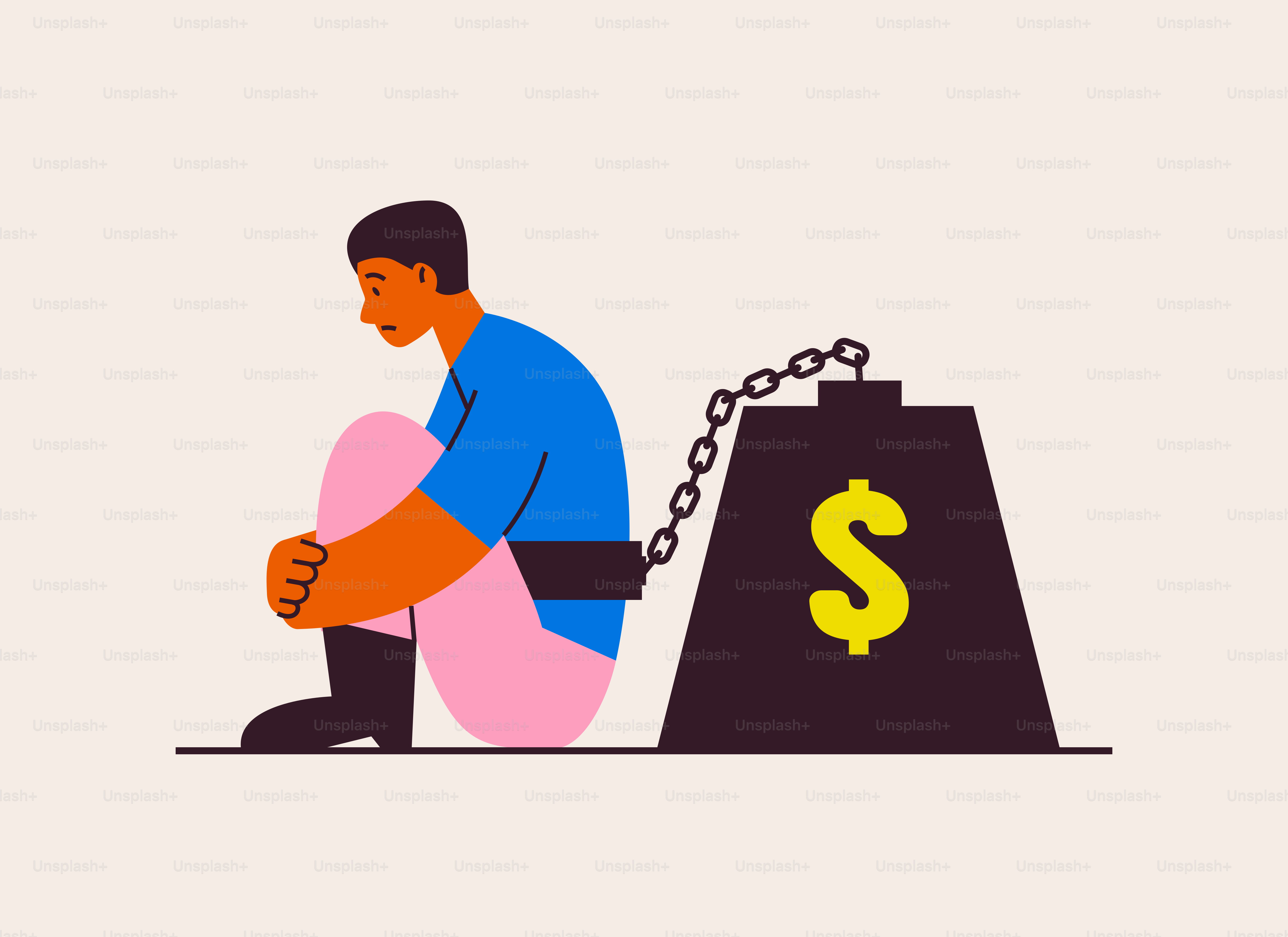 Un hombre encadenado a una bolsa con un signo de dólar