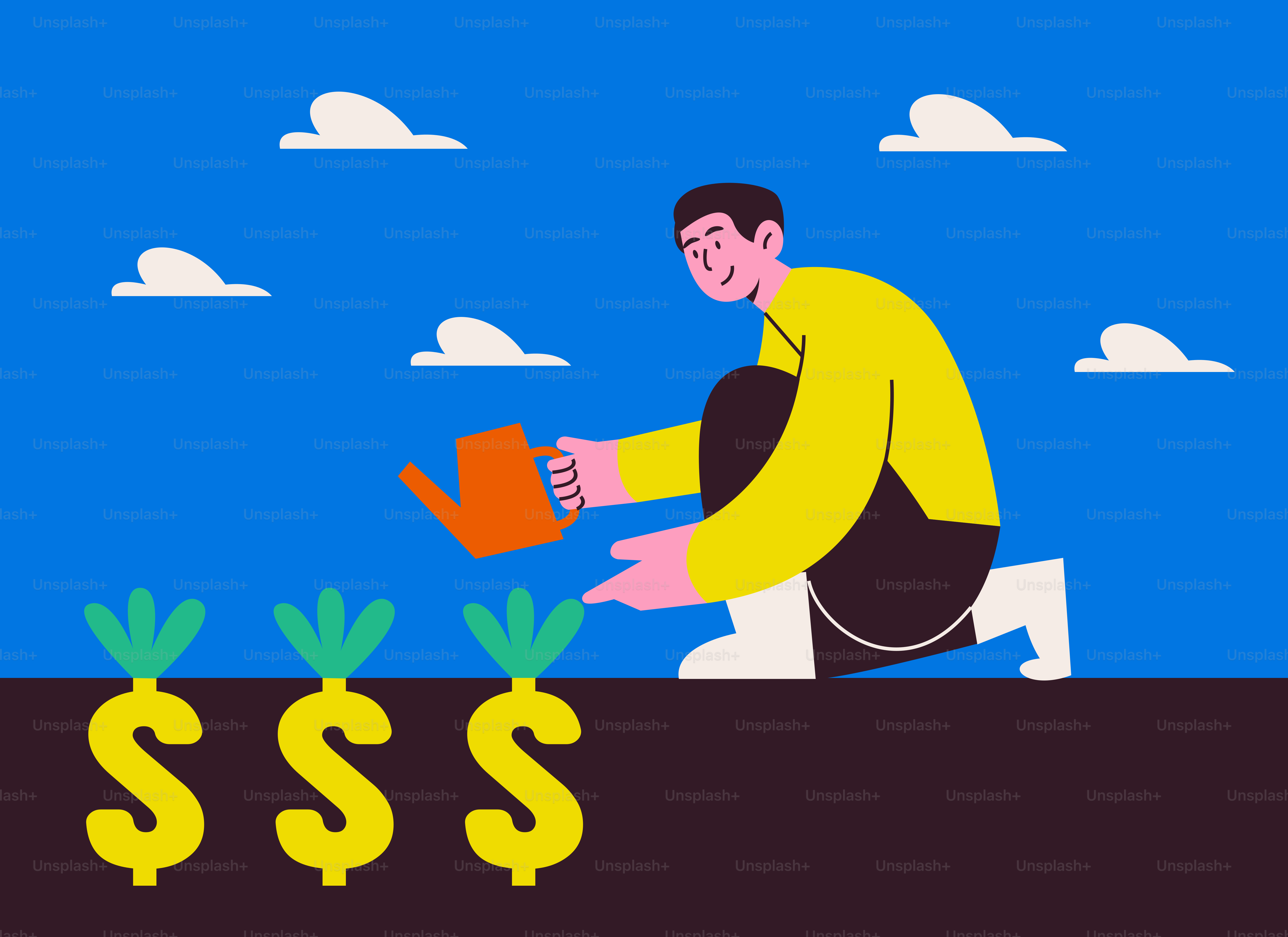 A man is watering money with a watering can