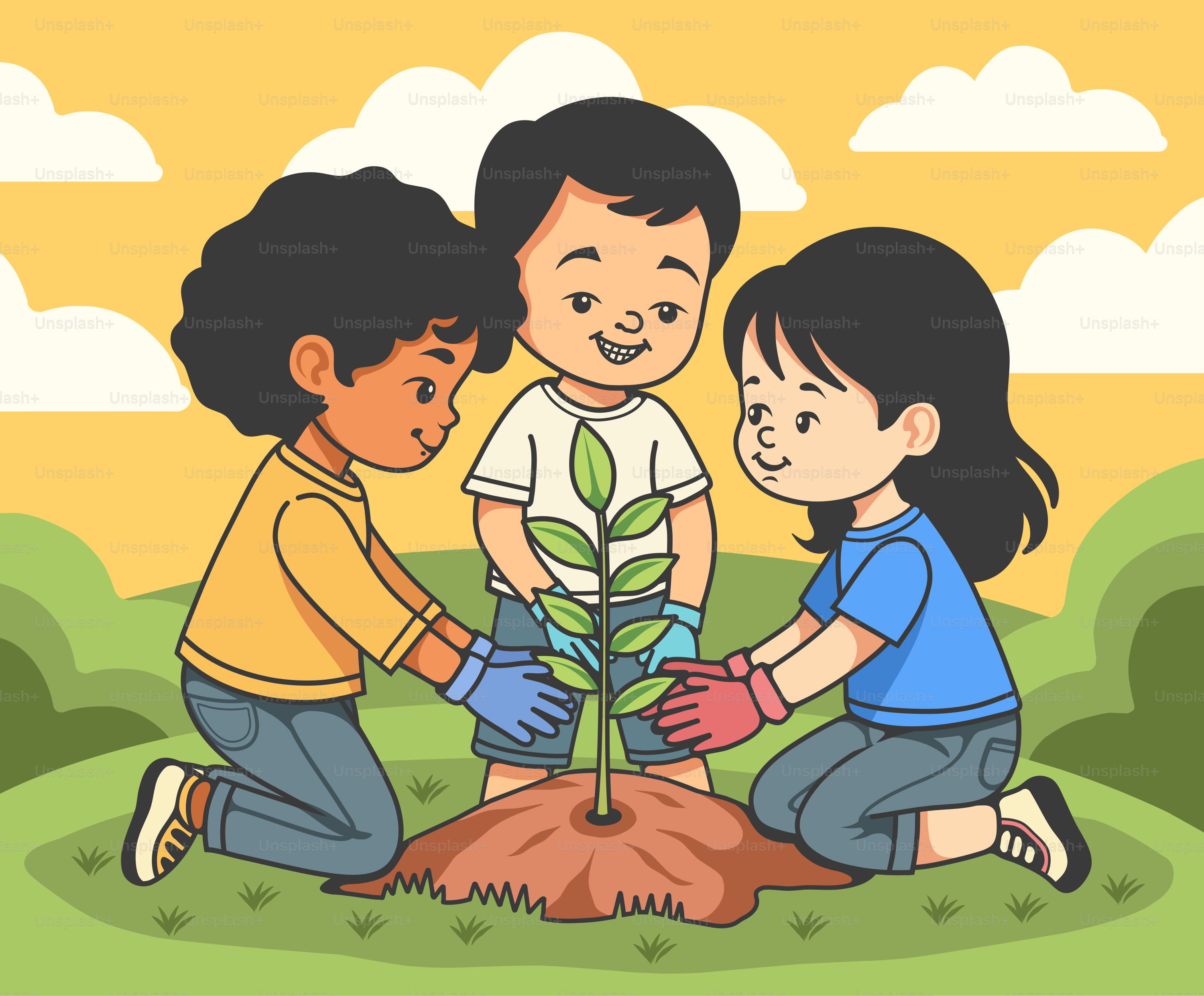 A group of children planting a tree together