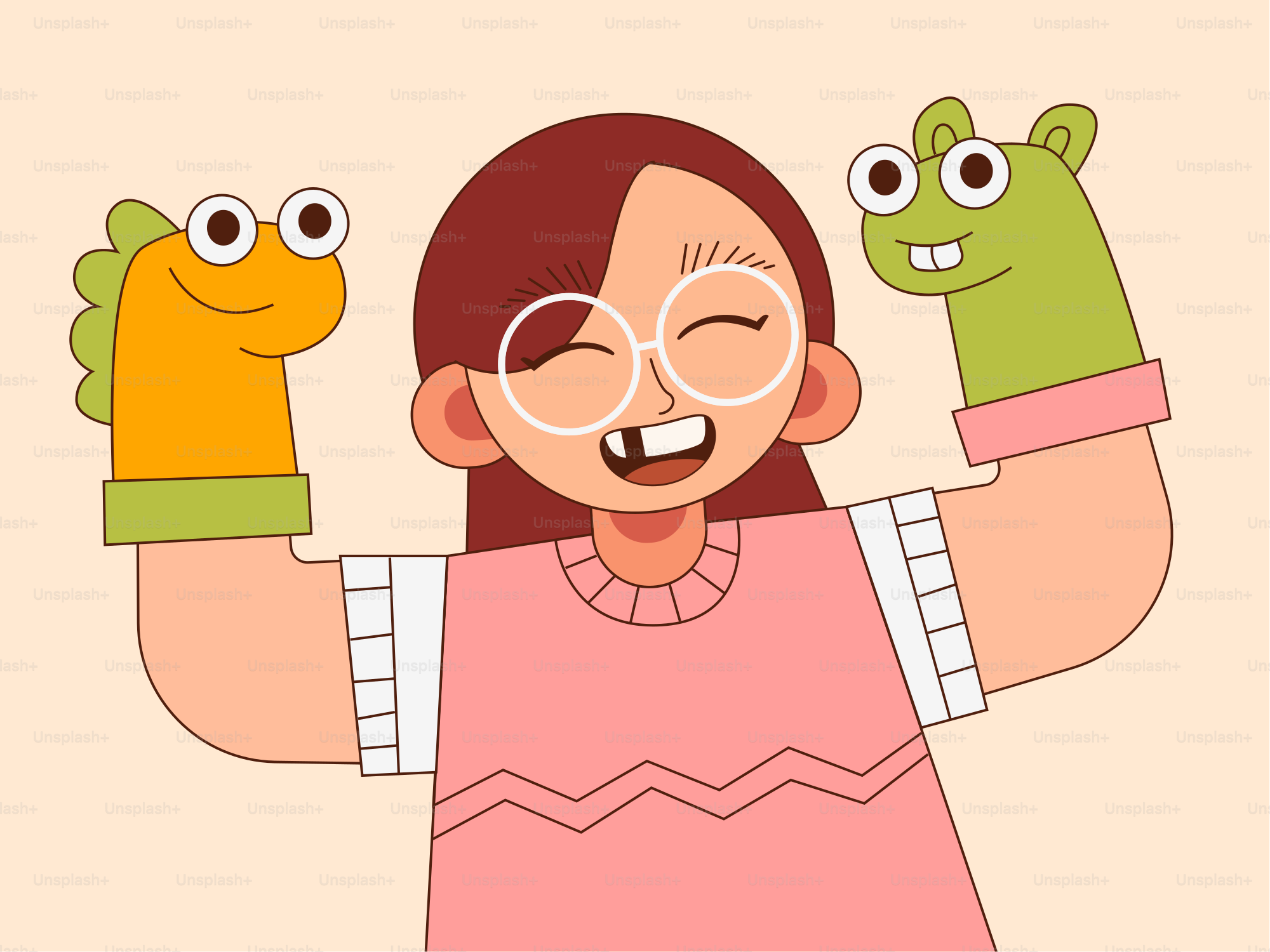 Seorang wanita berkacamata memegang dua monster hijau dan kuning