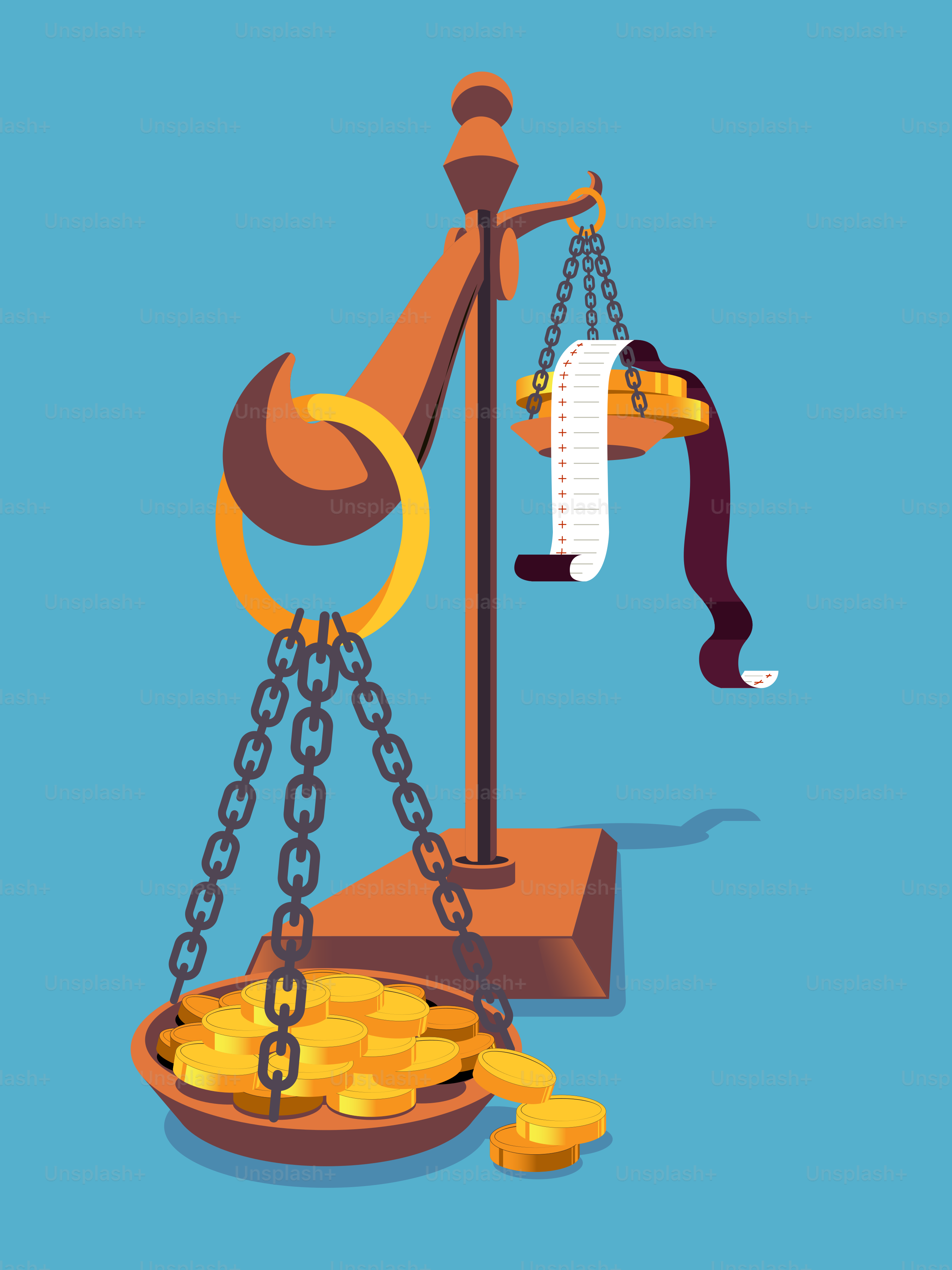 Una bilancia con soldi e un martello sopra