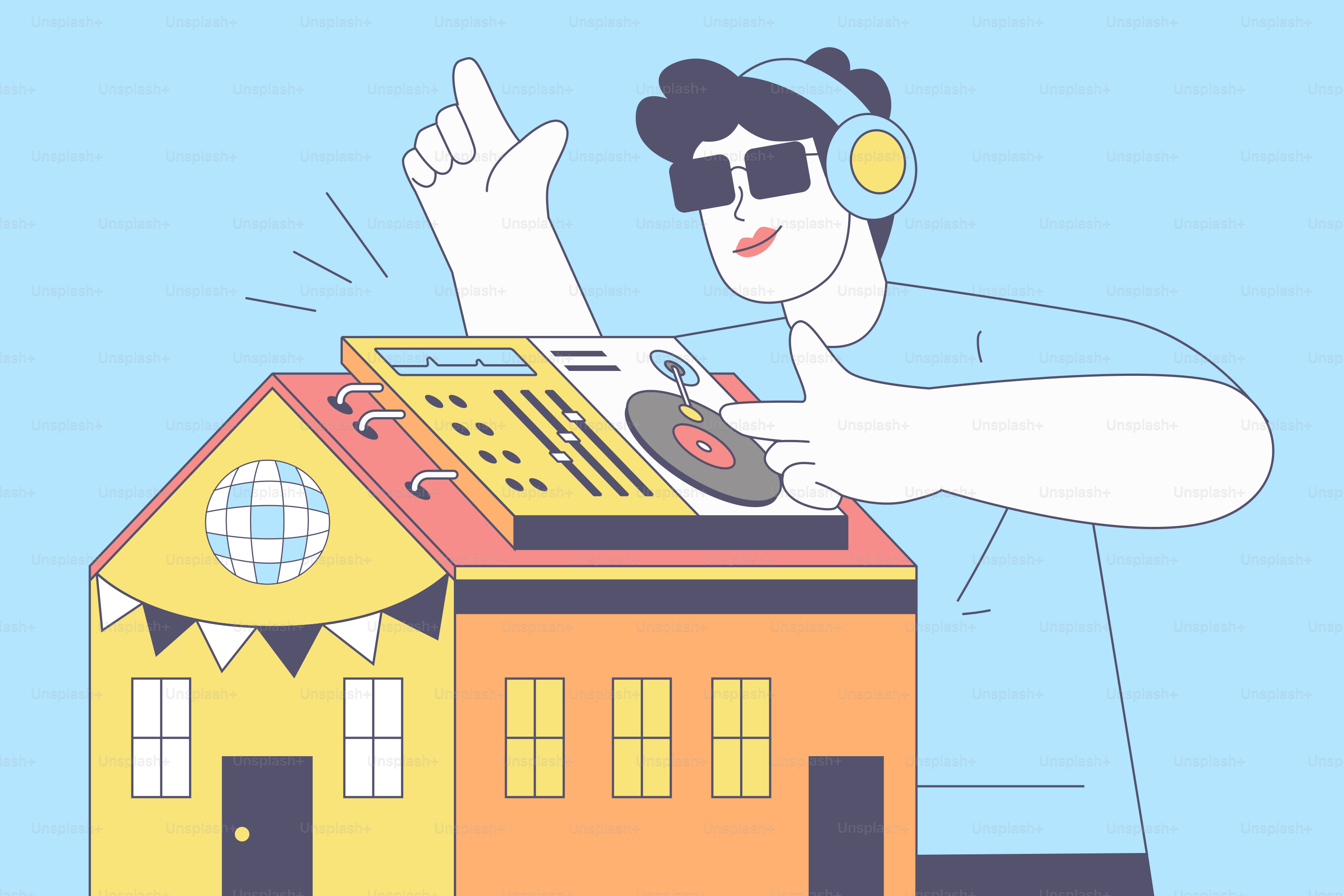A person with headphones on a house with a record player