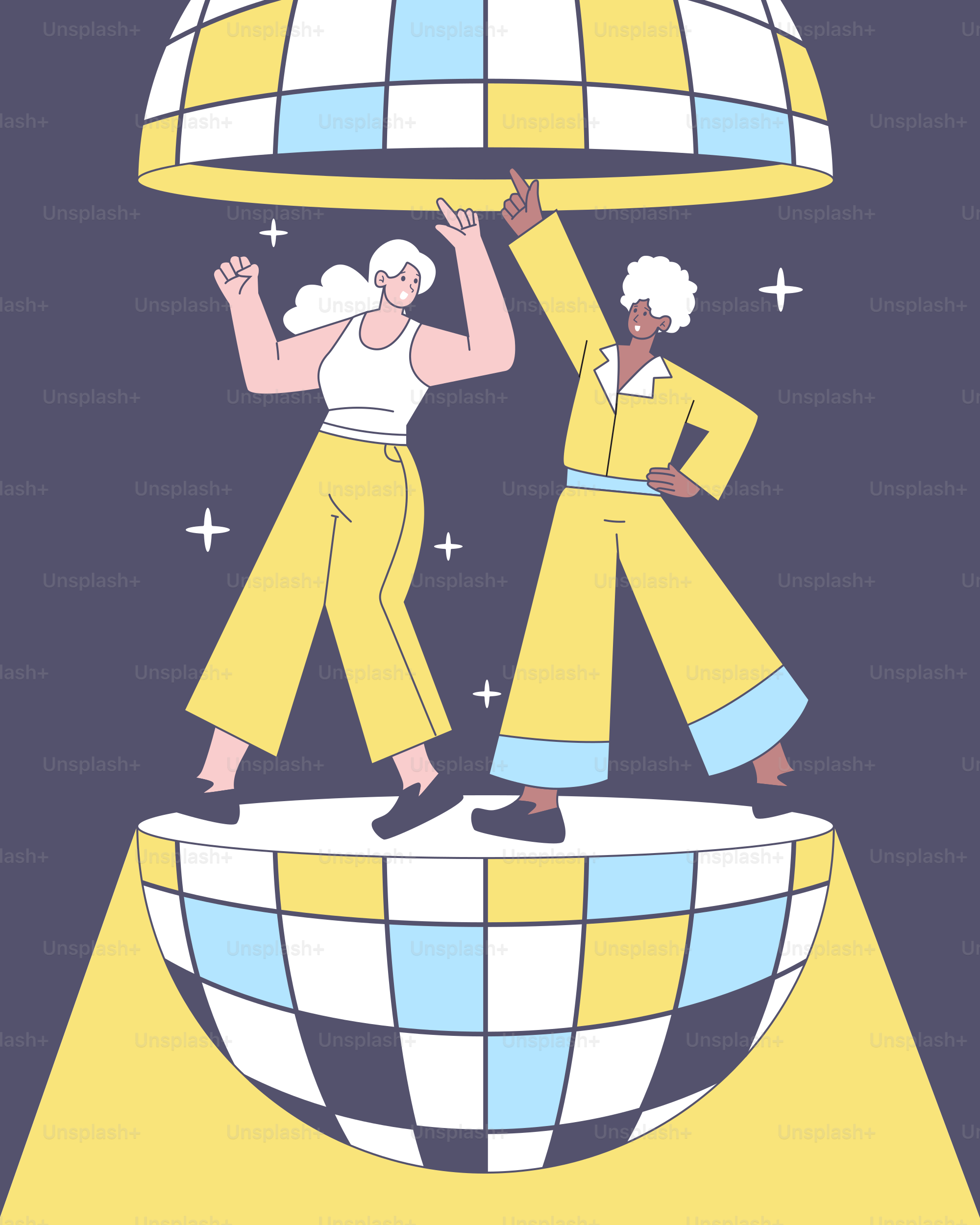 A couple of people standing on top of a disco ball