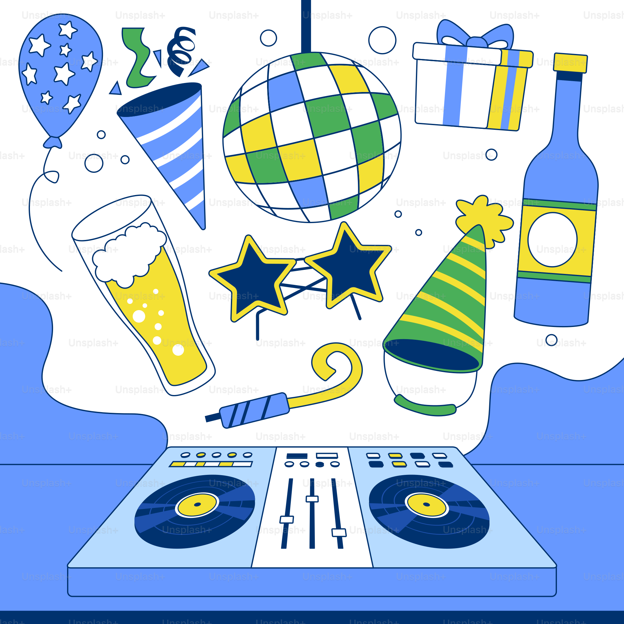A birthday card with a dj mixer and balloons