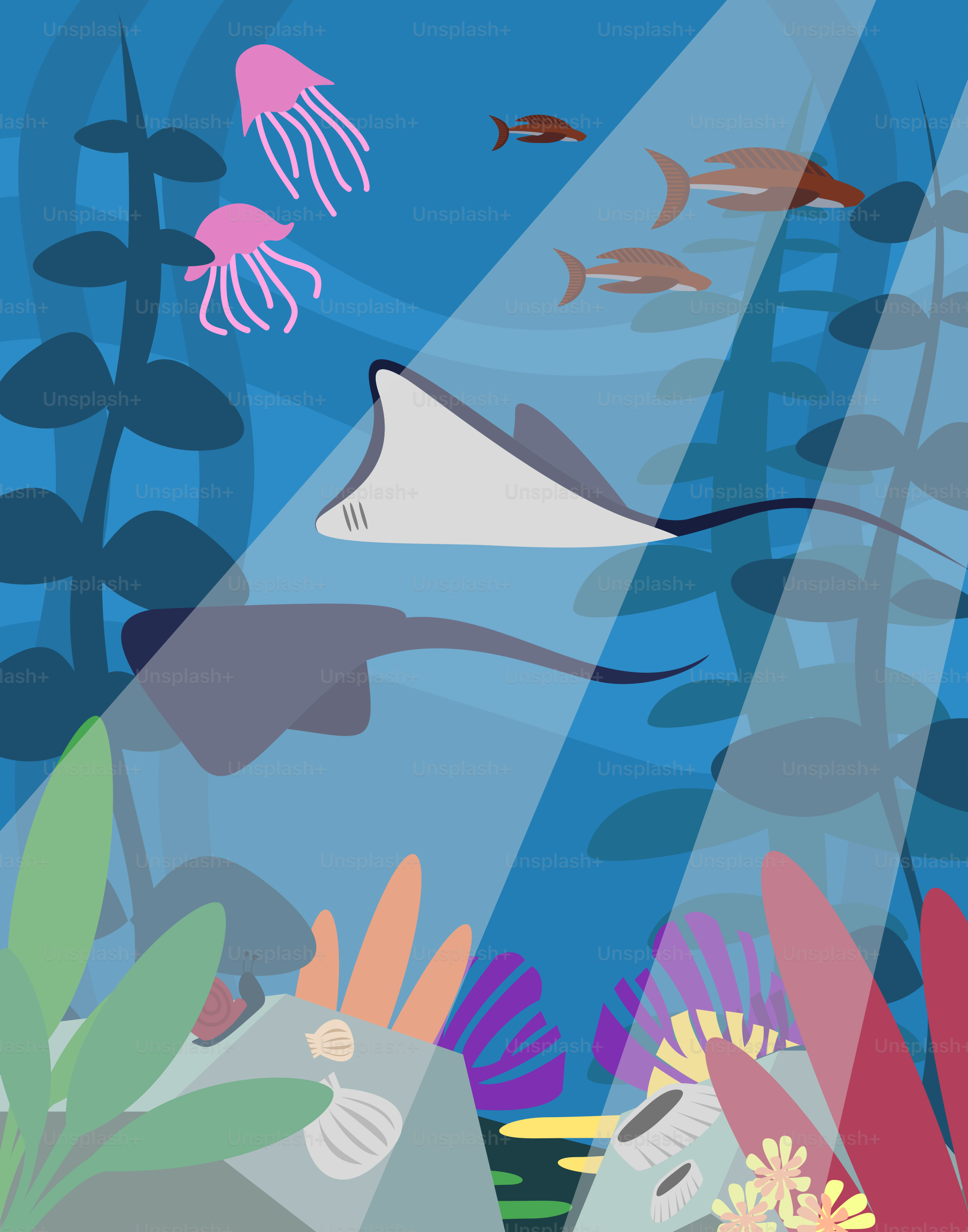 Una pintura de una escena submarina con peces y medusas