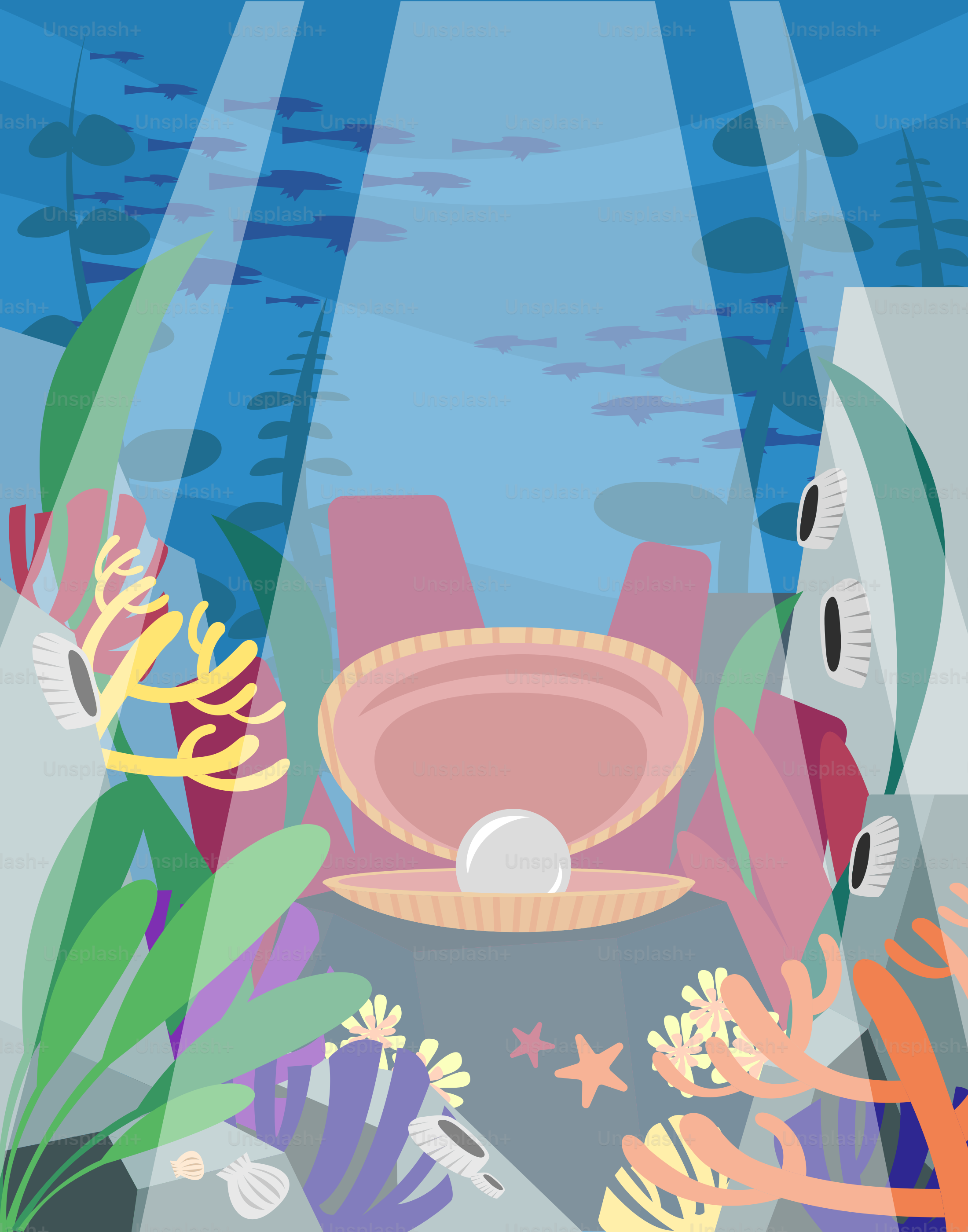 An underwater scene with fish and corals