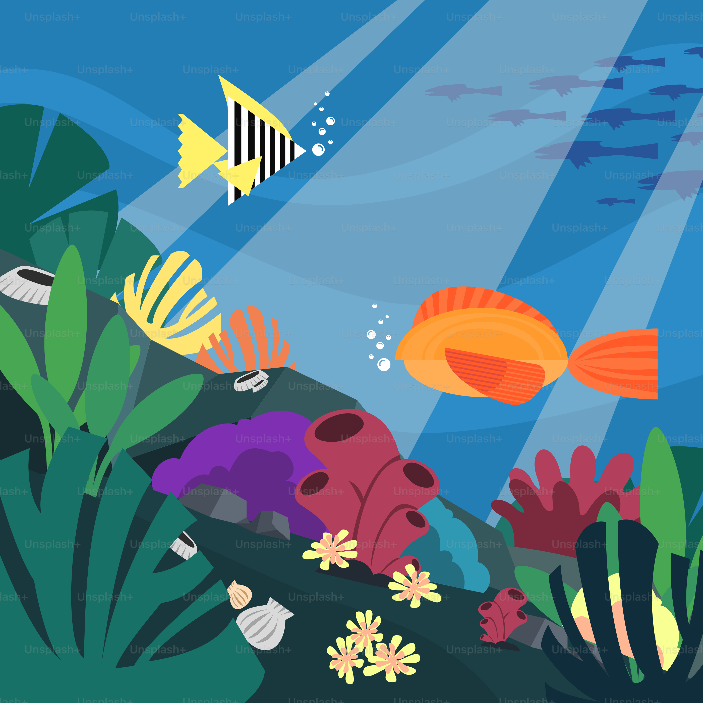 An underwater scene with fish and plants