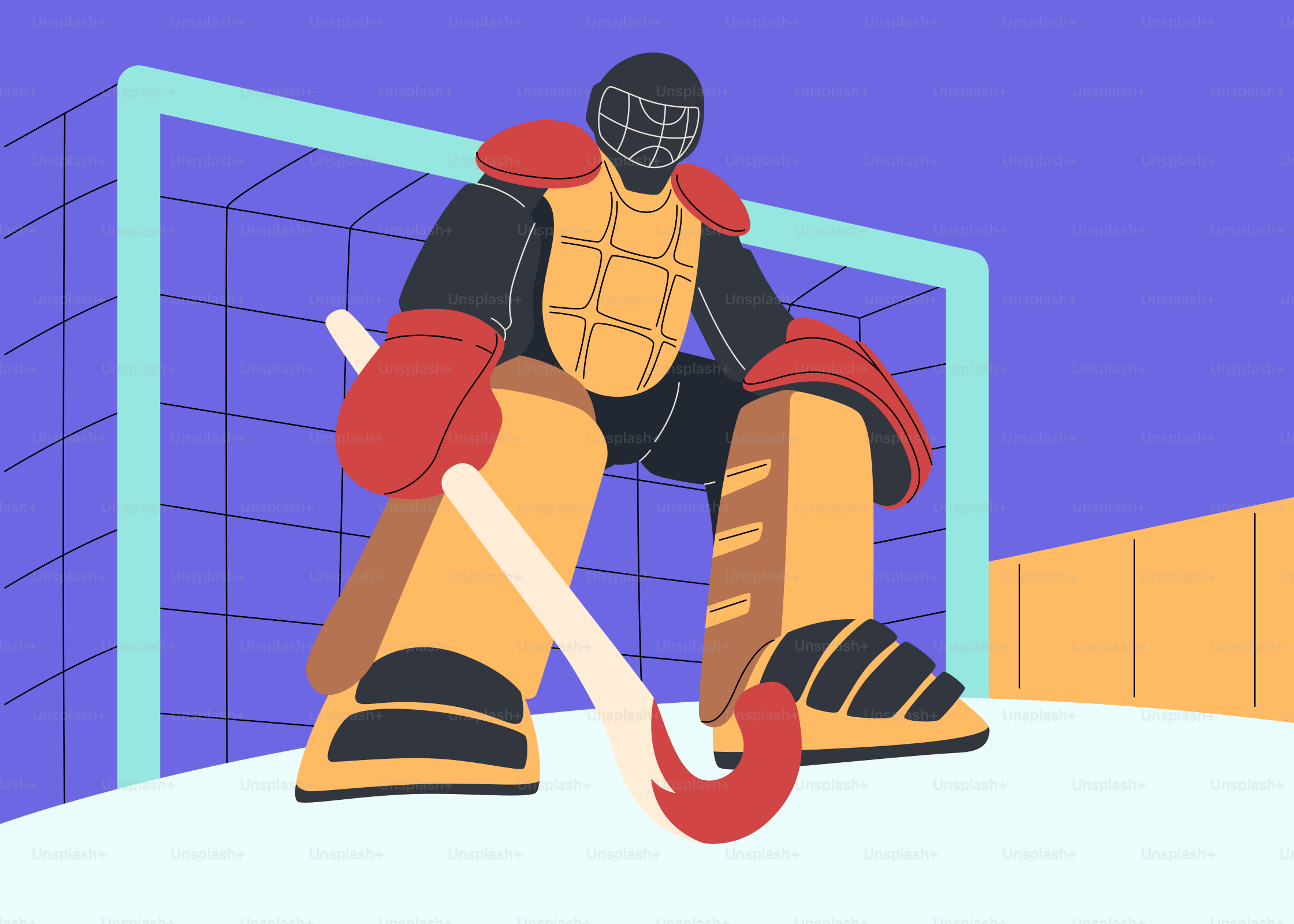 Un portero de hockey sentado en el hielo frente a una portería