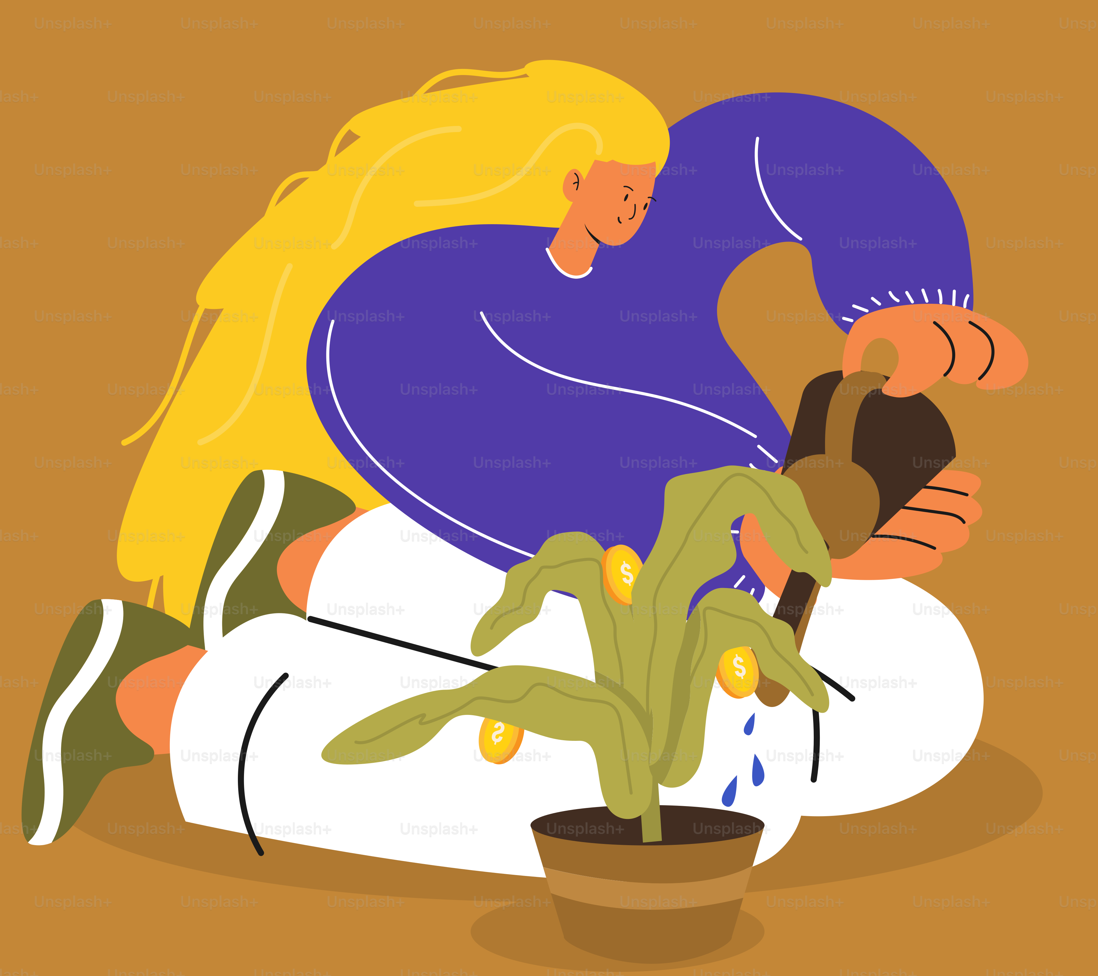 Una mujer regando una planta en maceta con una manguera de riego