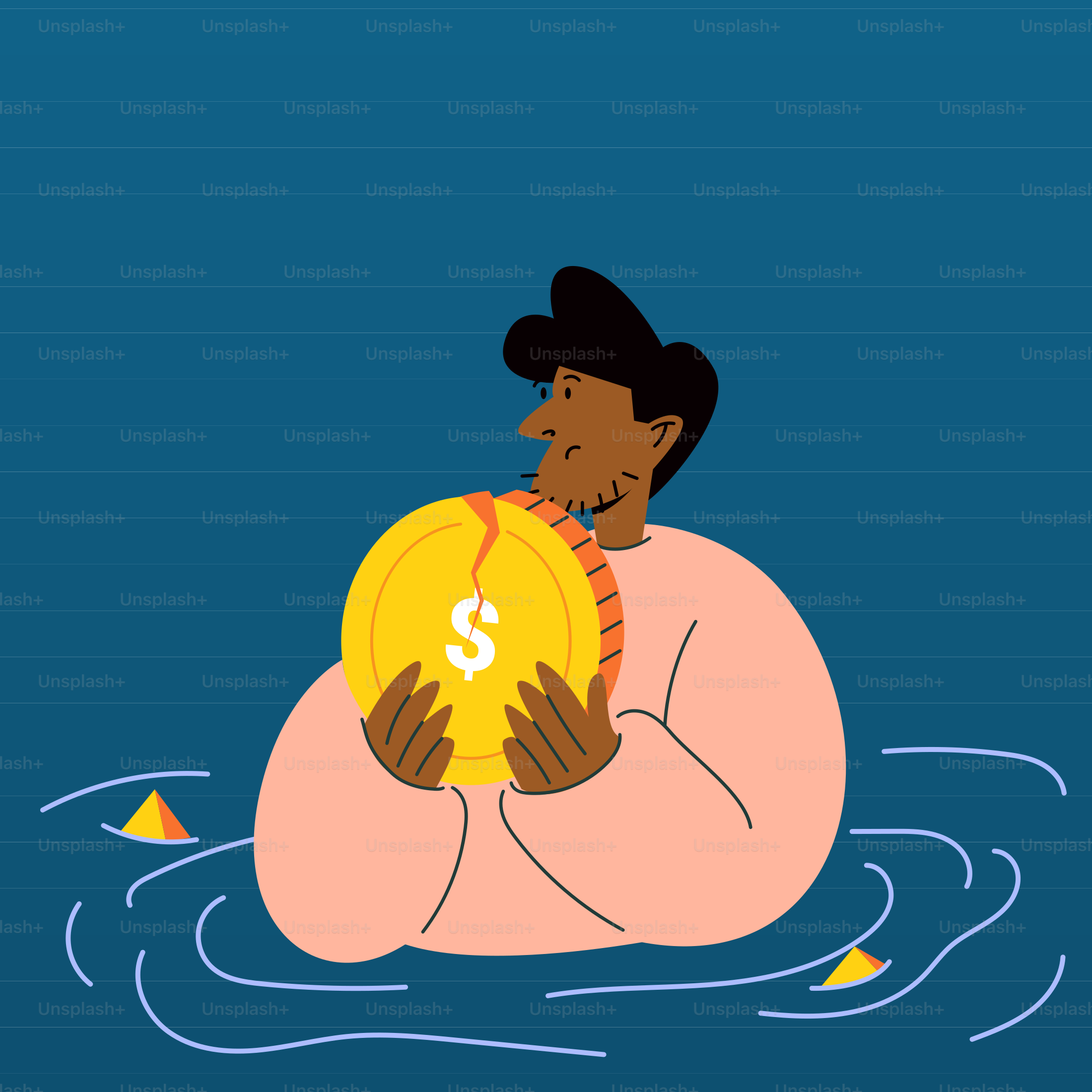 A man sitting in the water holding a coin