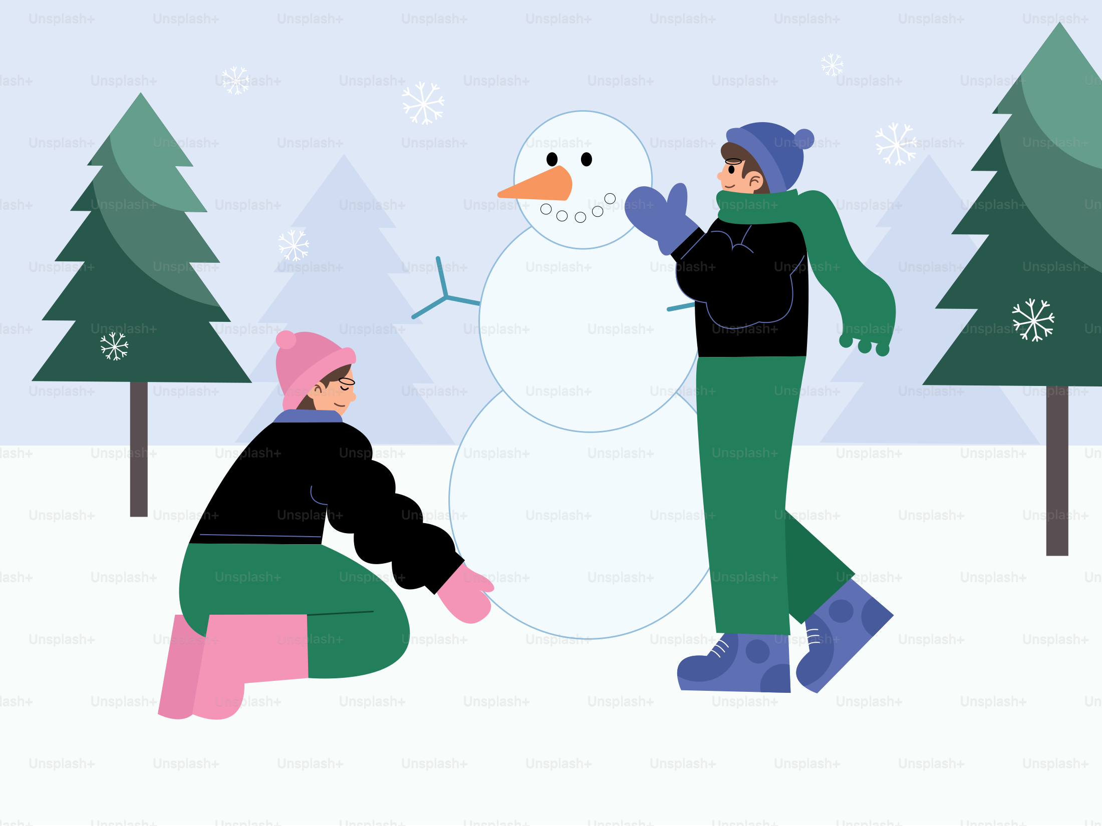 Two people building a snowman in the snow