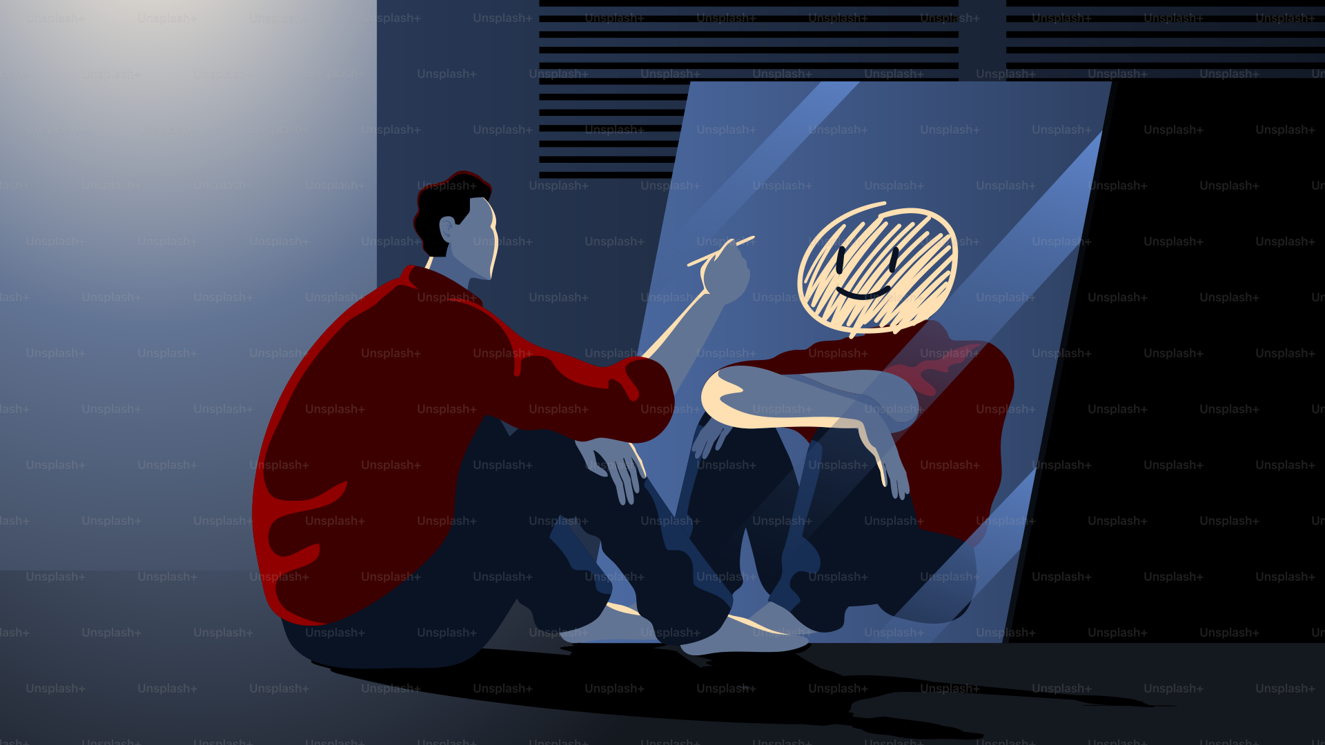 A man sitting on the floor in front of a mirror