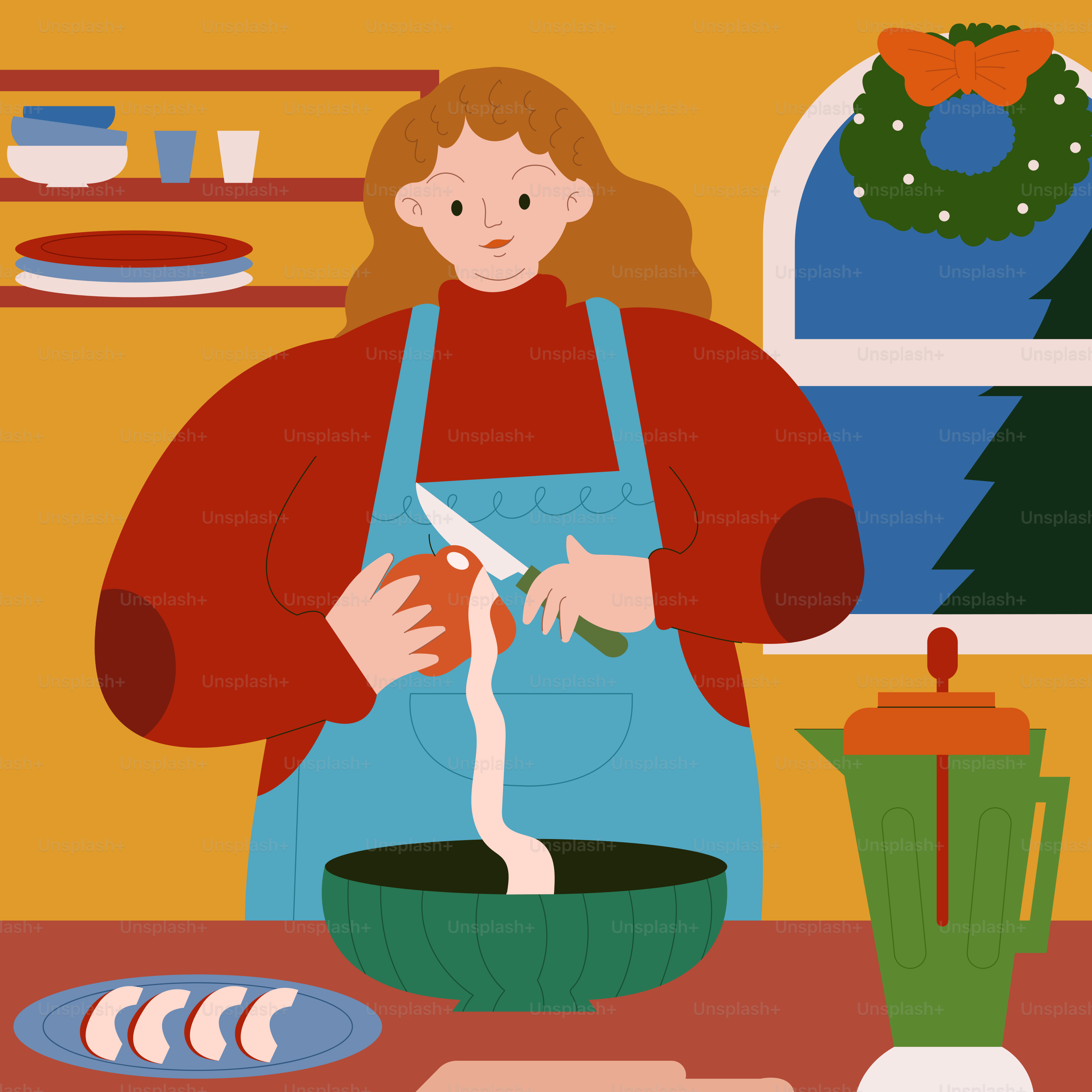 A woman in a red shirt is making food