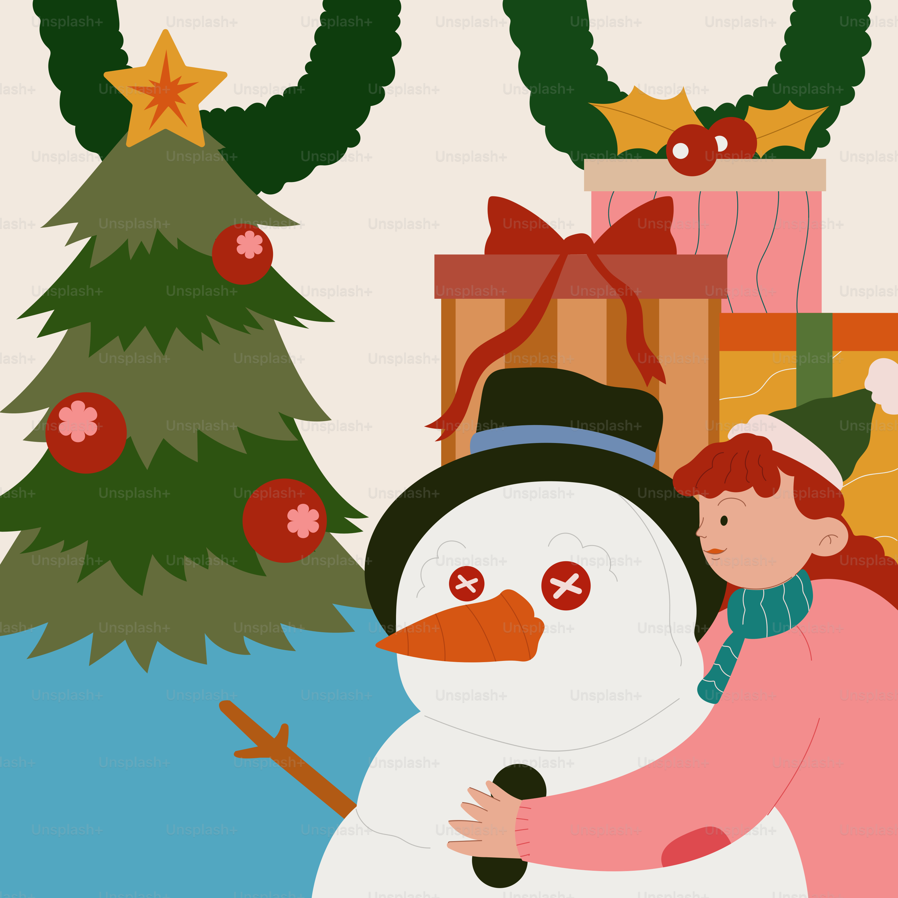 A snowman with a hat and scarf next to a christmas tree