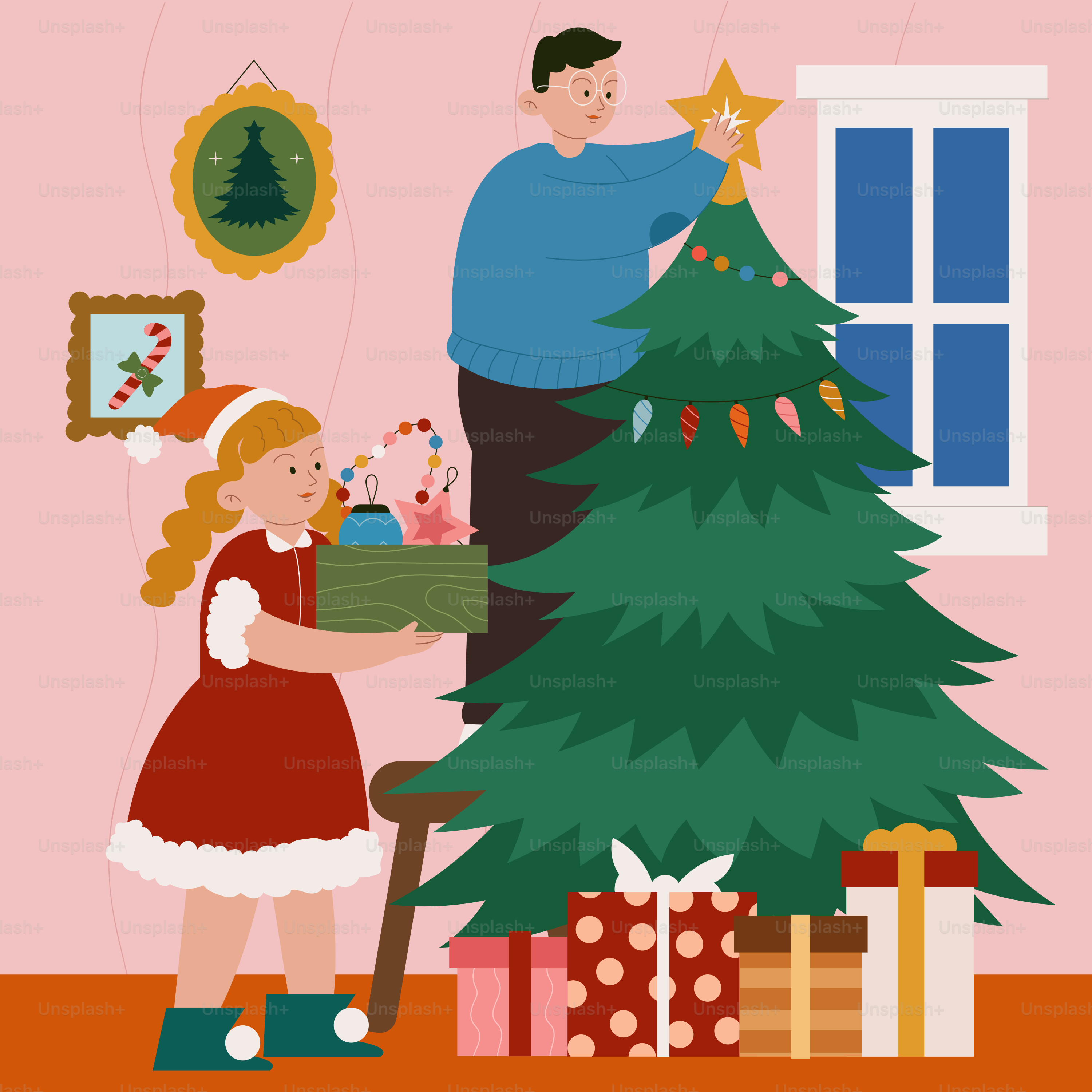 A man and a little girl decorating a christmas tree